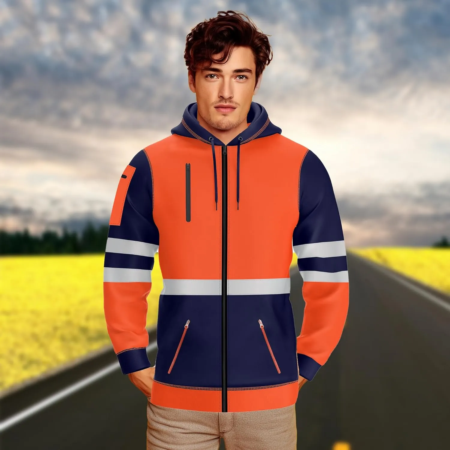 NOROZE Mens Hi-Viz Front Zip Hoodie Reflective Tape High Visibility Safety Coat Sweatshirt
