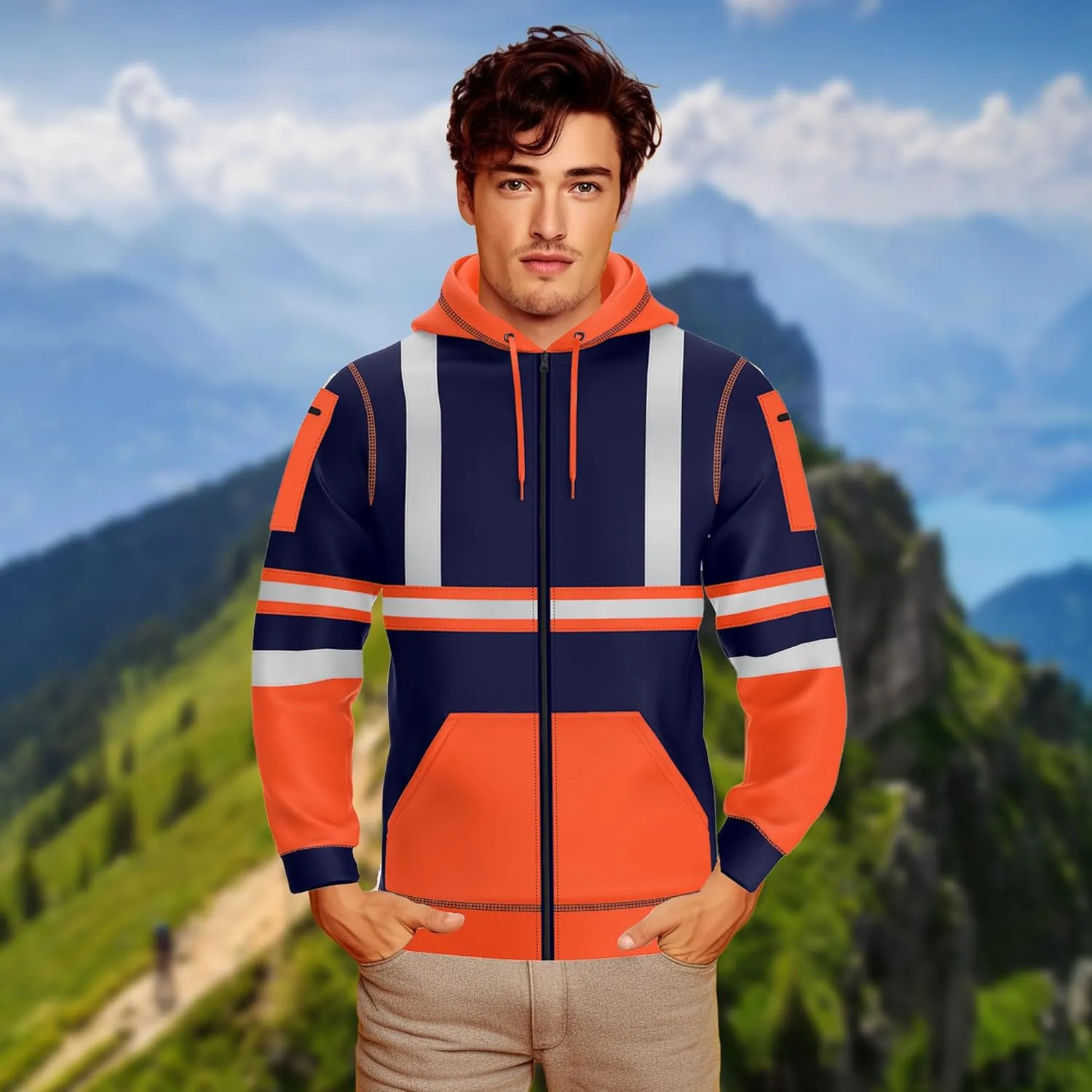 NOROZE Mens Hi-Viz Front Zip Hoodie Reflective Tape High Visibility Safety Coat Sweatshirt