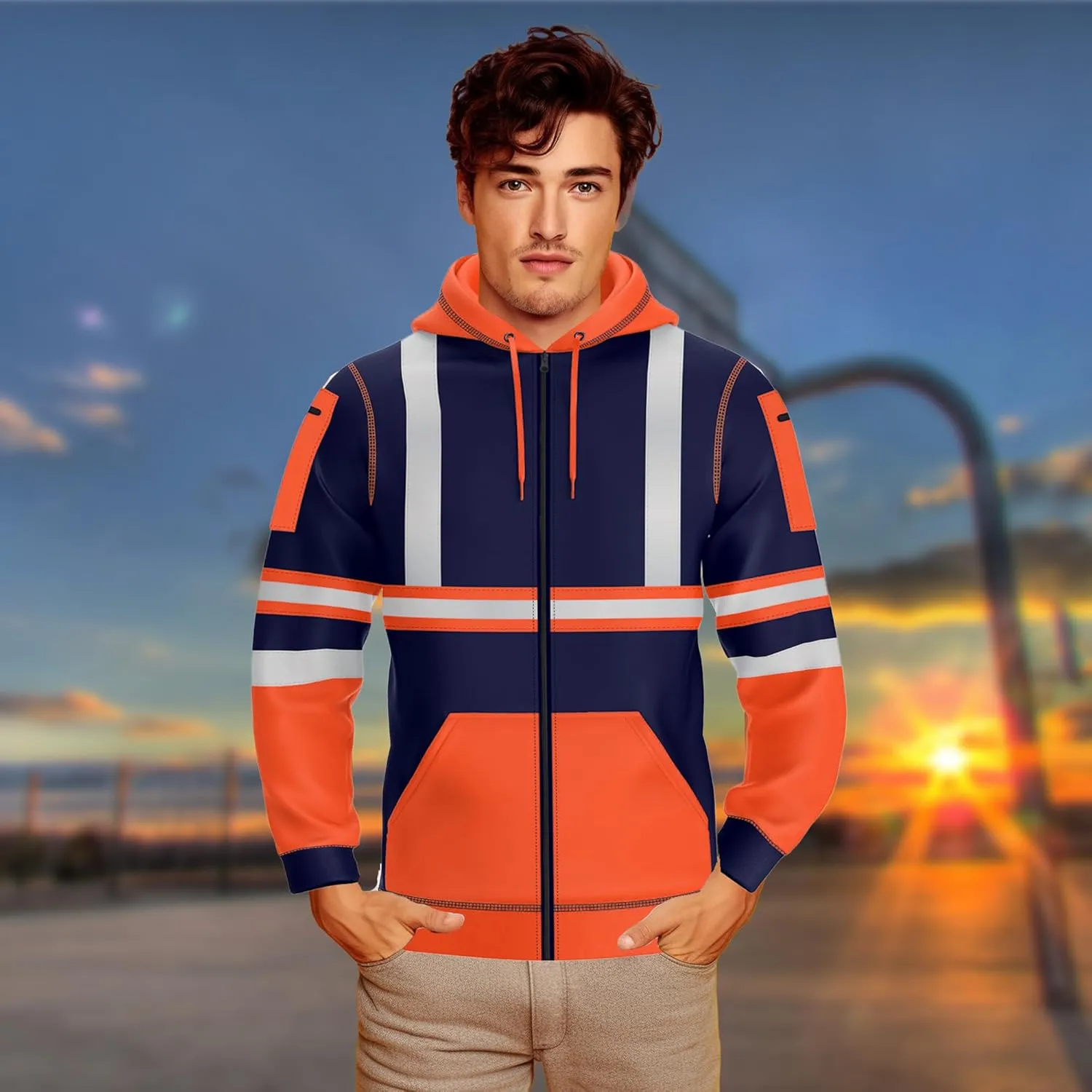 NOROZE Mens Hi-Viz Front Zip Hoodie Reflective Tape High Visibility Safety Coat Sweatshirt