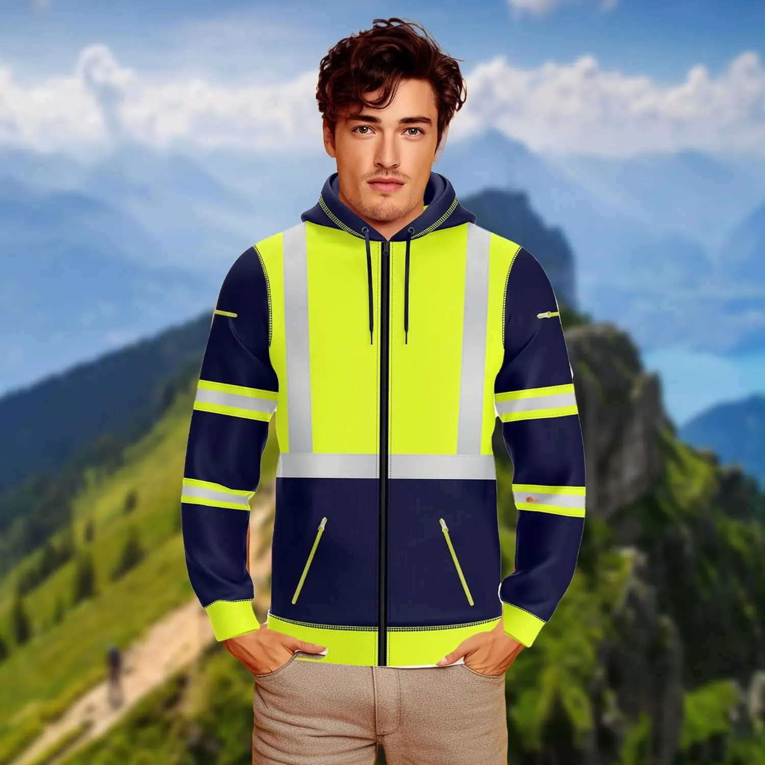 NOROZE Mens Hi-Viz Front Zip Hoodie Reflective Tape High Visibility Safety Coat Sweatshirt