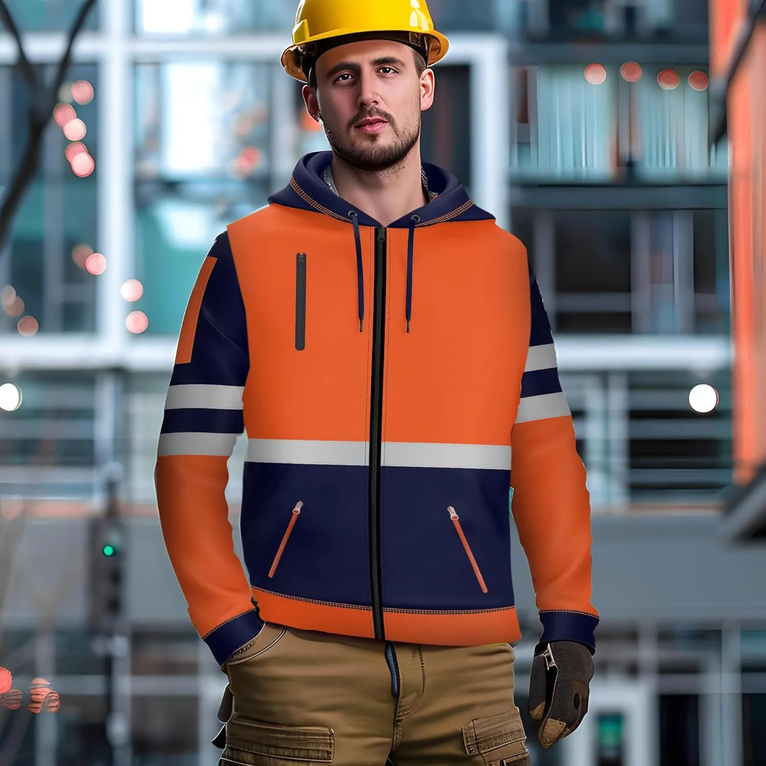 NOROZE Mens Hi-Viz Front Zip Hoodie Reflective Tape High Visibility Safety Coat Sweatshirt