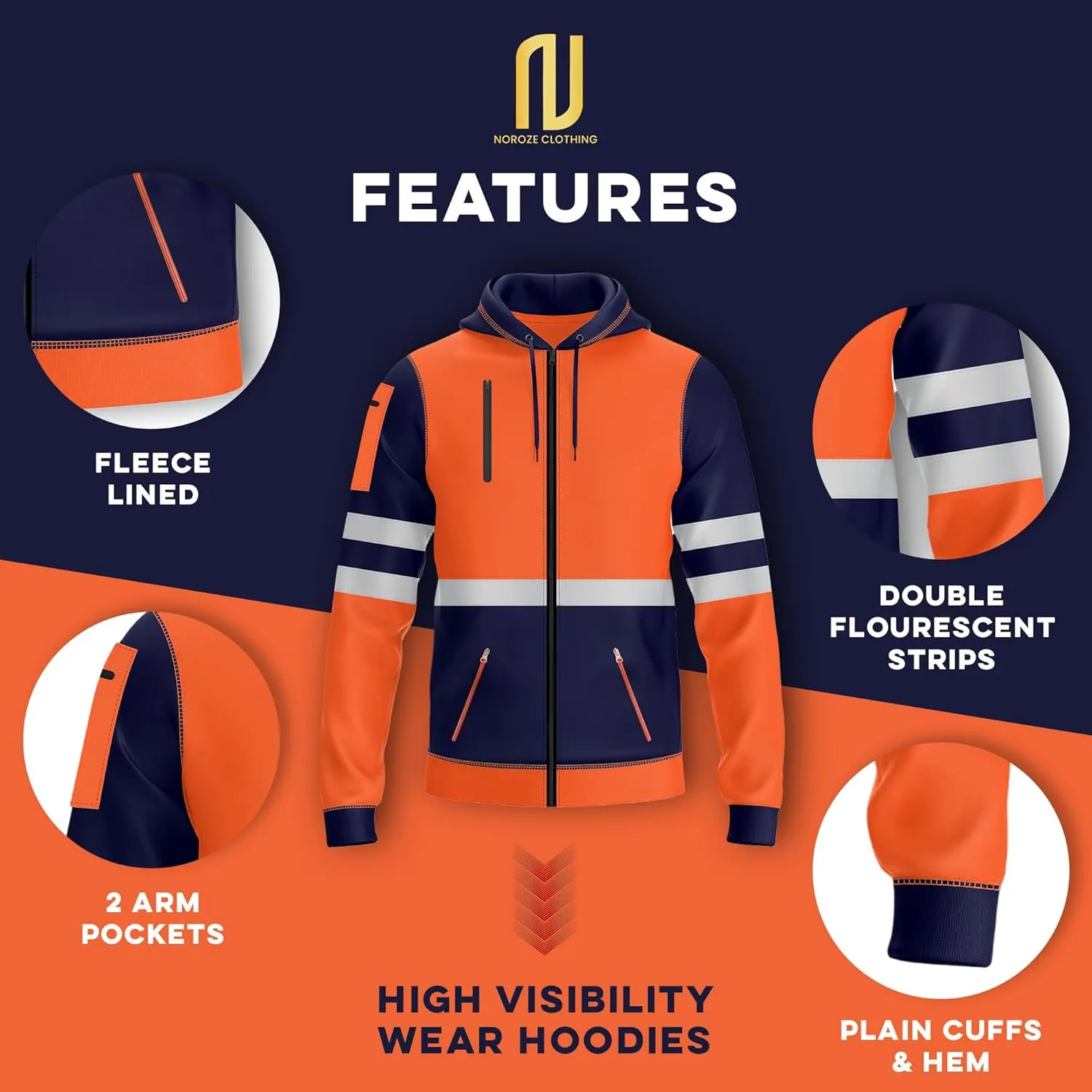 NOROZE Mens Hi-Viz Front Zip Hoodie Reflective Tape High Visibility Safety Coat Sweatshirt