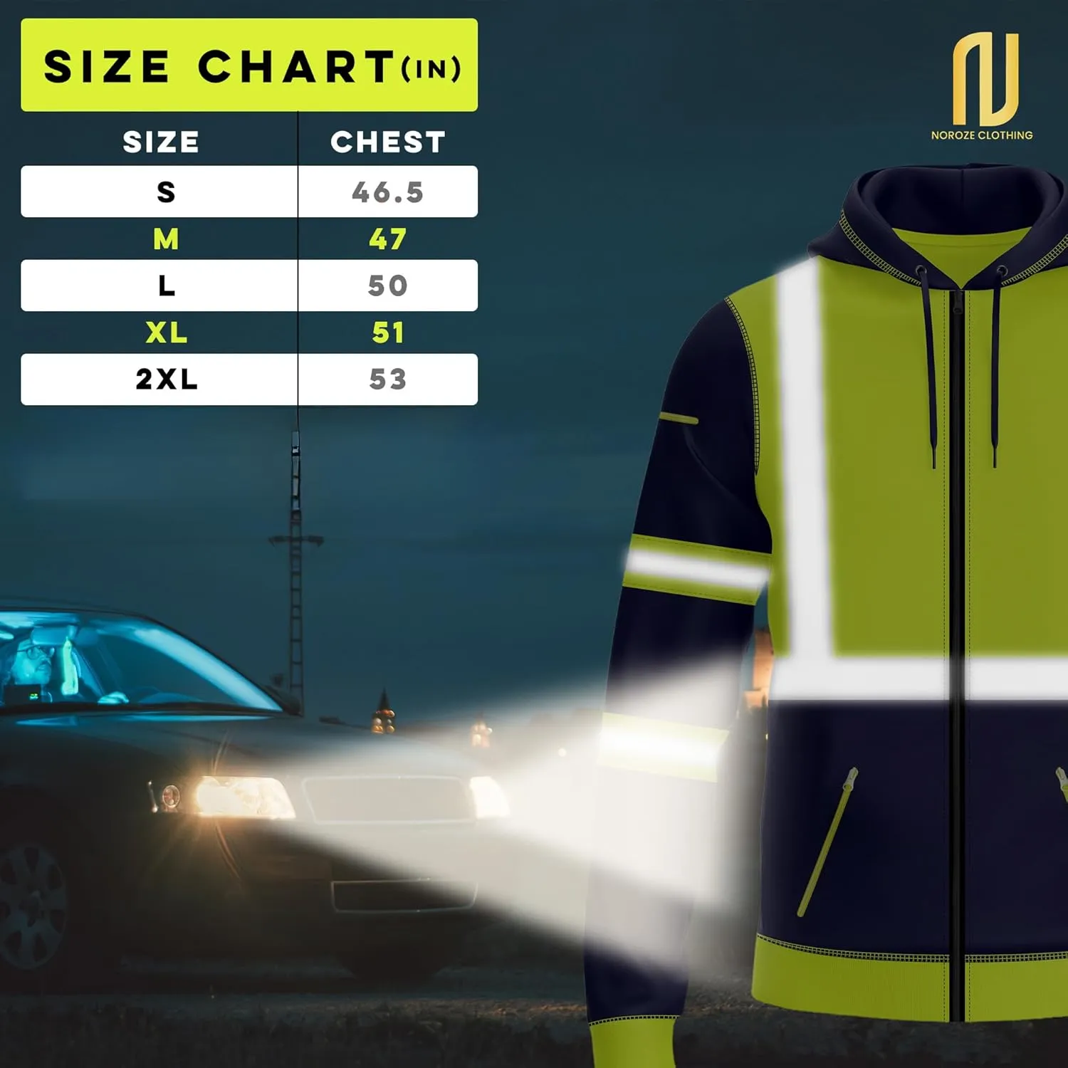 NOROZE Mens Hi-Viz Front Zip Hoodie Reflective Tape High Visibility Safety Coat Sweatshirt