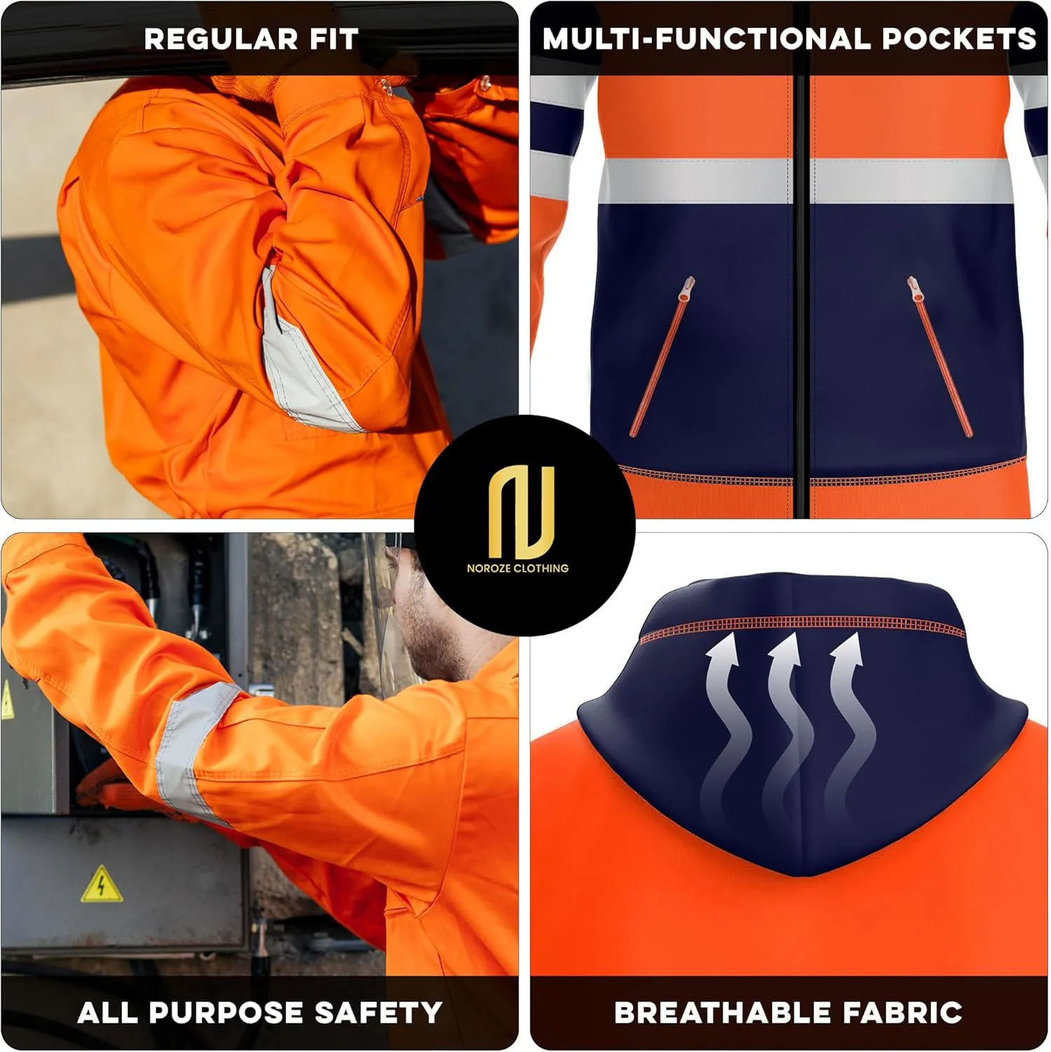 NOROZE Mens Hi-Viz Front Zip Hoodie Reflective Tape High Visibility Safety Coat Sweatshirt