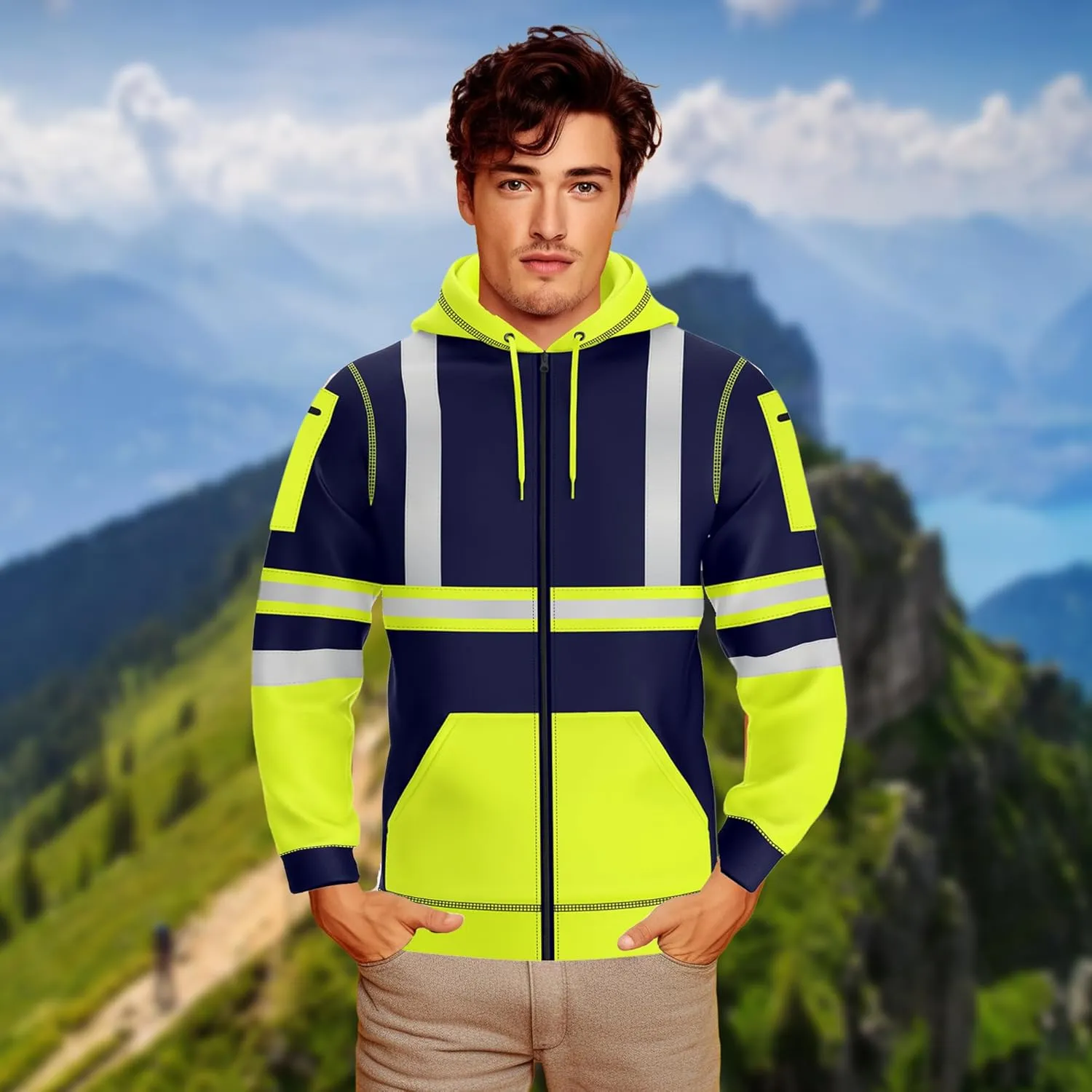 NOROZE Mens Hi-Viz Front Zip Hoodie Reflective Tape High Visibility Safety Coat Sweatshirt