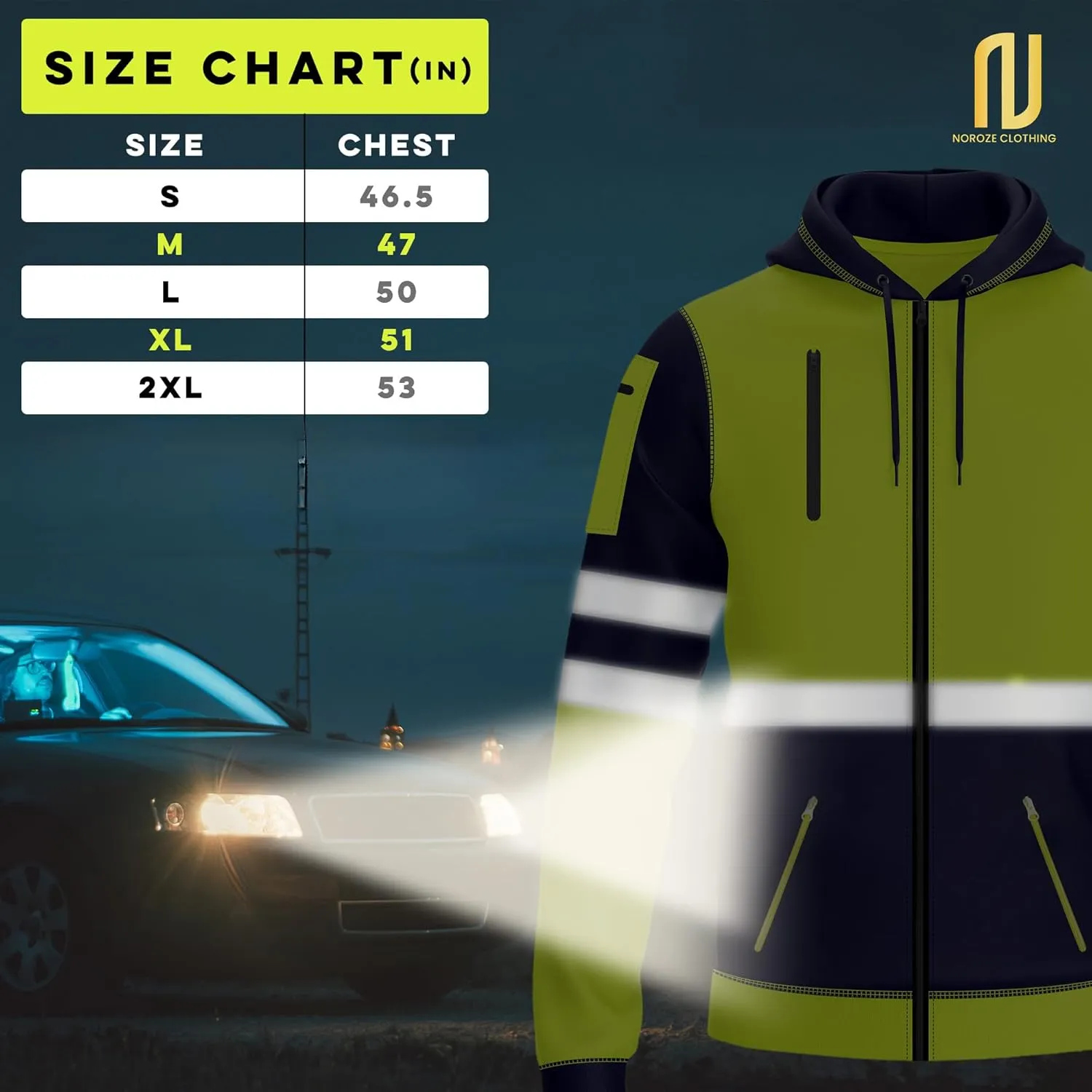 NOROZE Mens Hi-Viz Front Zip Hoodie Reflective Tape High Visibility Safety Coat Sweatshirt