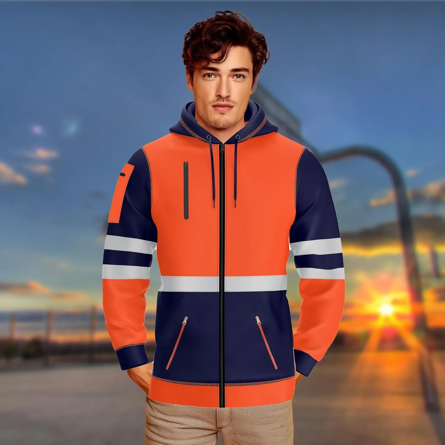 NOROZE Mens Hi-Viz Front Zip Hoodie Reflective Tape High Visibility Safety Coat Sweatshirt