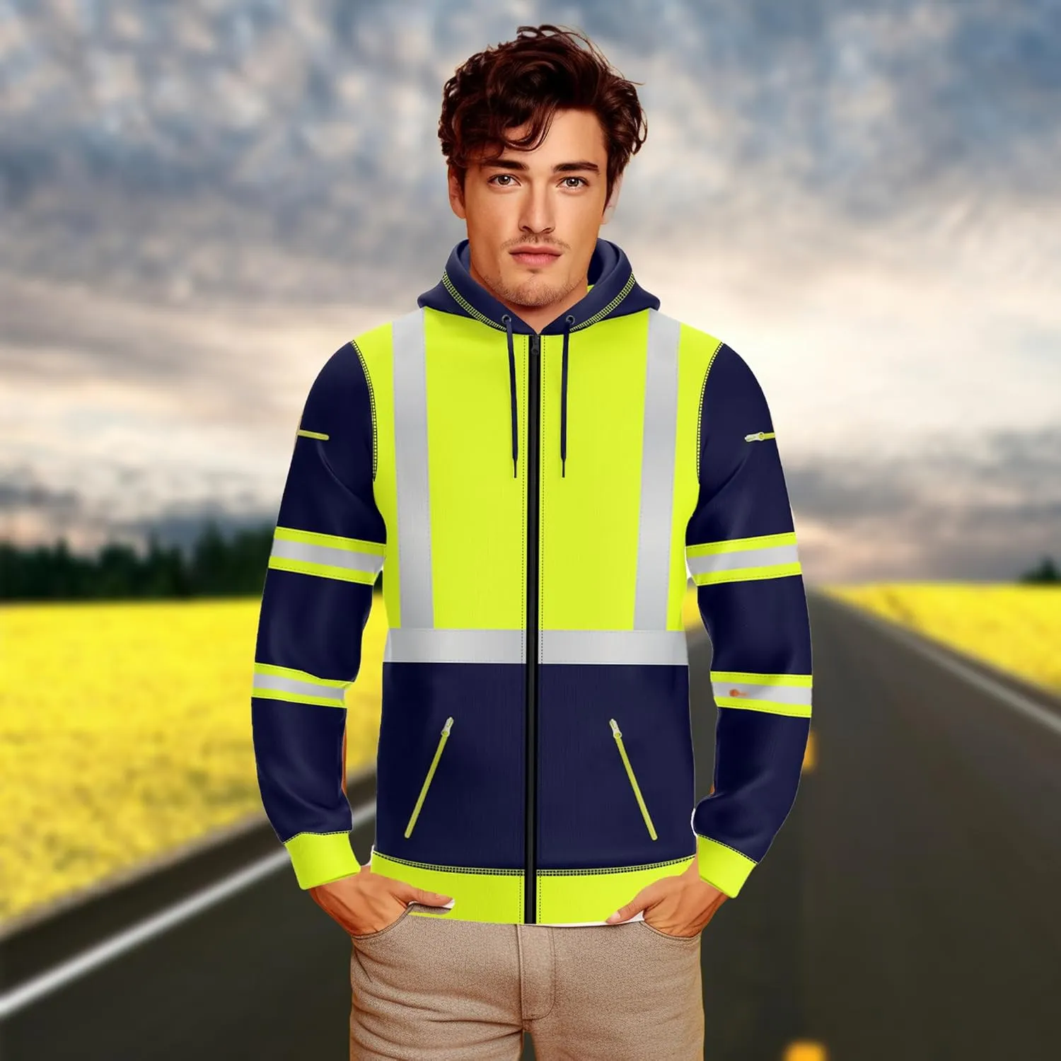 NOROZE Mens Hi-Viz Front Zip Hoodie Reflective Tape High Visibility Safety Coat Sweatshirt