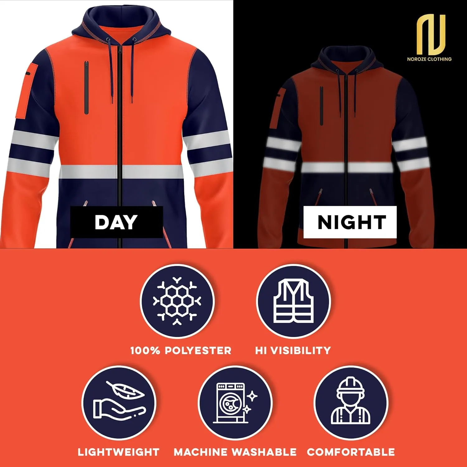 NOROZE Mens Hi-Viz Front Zip Hoodie Reflective Tape High Visibility Safety Coat Sweatshirt
