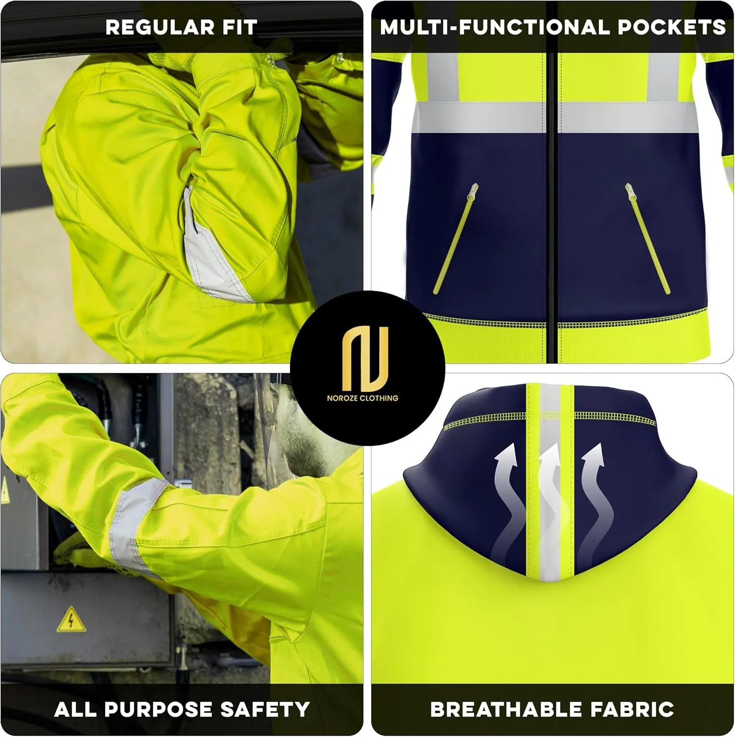NOROZE Mens Hi-Viz Front Zip Hoodie Reflective Tape High Visibility Safety Coat Sweatshirt