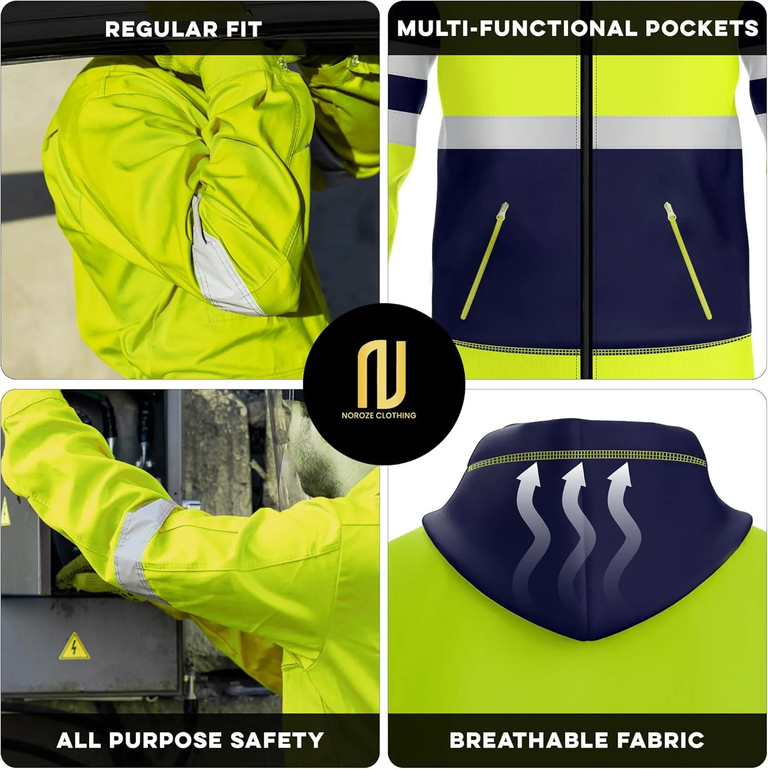 NOROZE Mens Hi-Viz Front Zip Hoodie Reflective Tape High Visibility Safety Coat Sweatshirt
