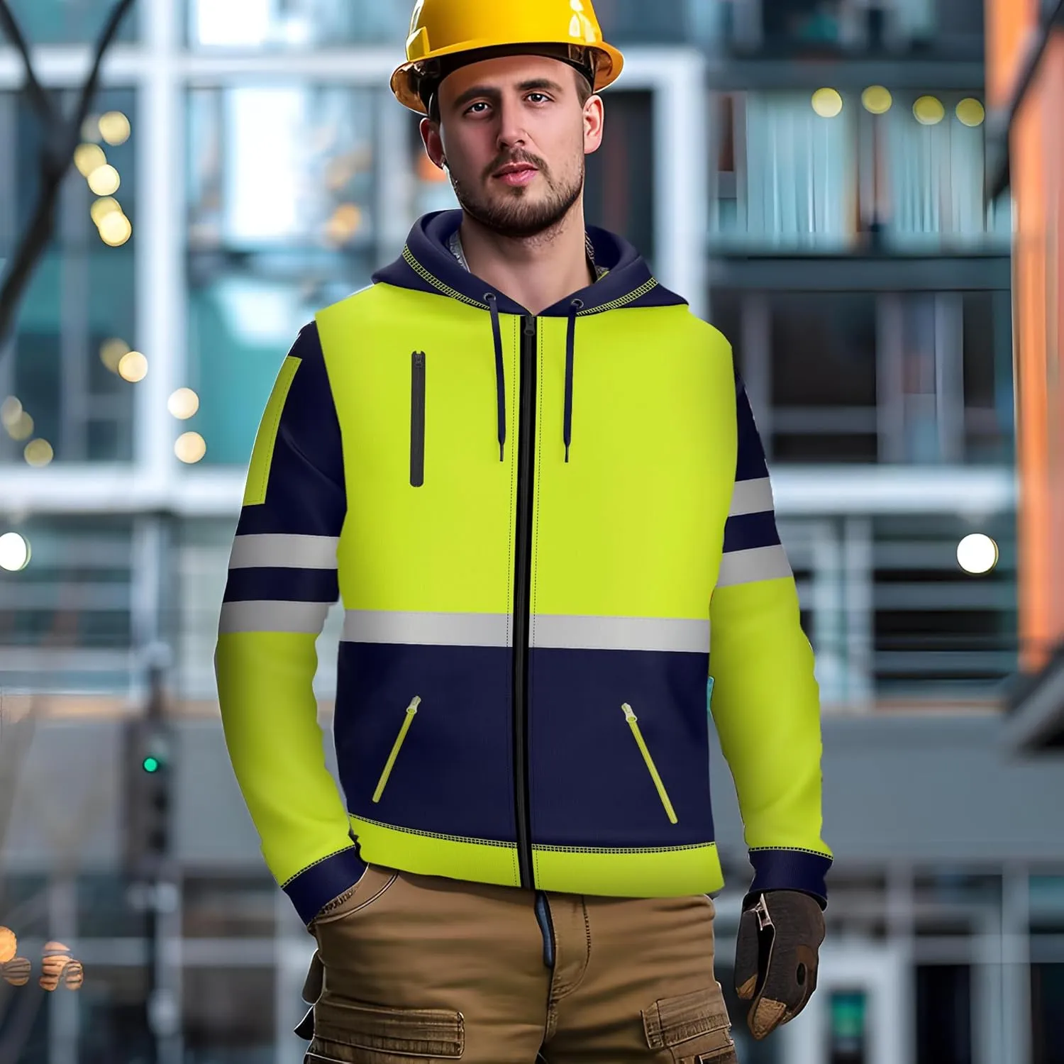 NOROZE Mens Hi-Viz Front Zip Hoodie Reflective Tape High Visibility Safety Coat Sweatshirt