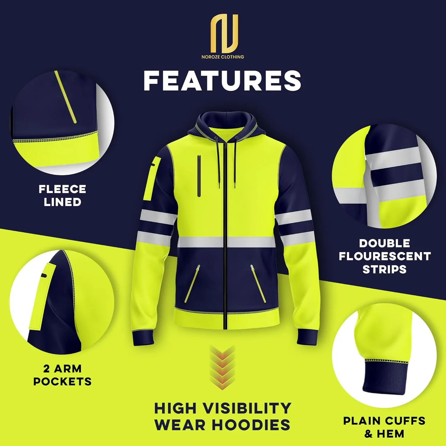 NOROZE Mens Hi-Viz Front Zip Hoodie Reflective Tape High Visibility Safety Coat Sweatshirt