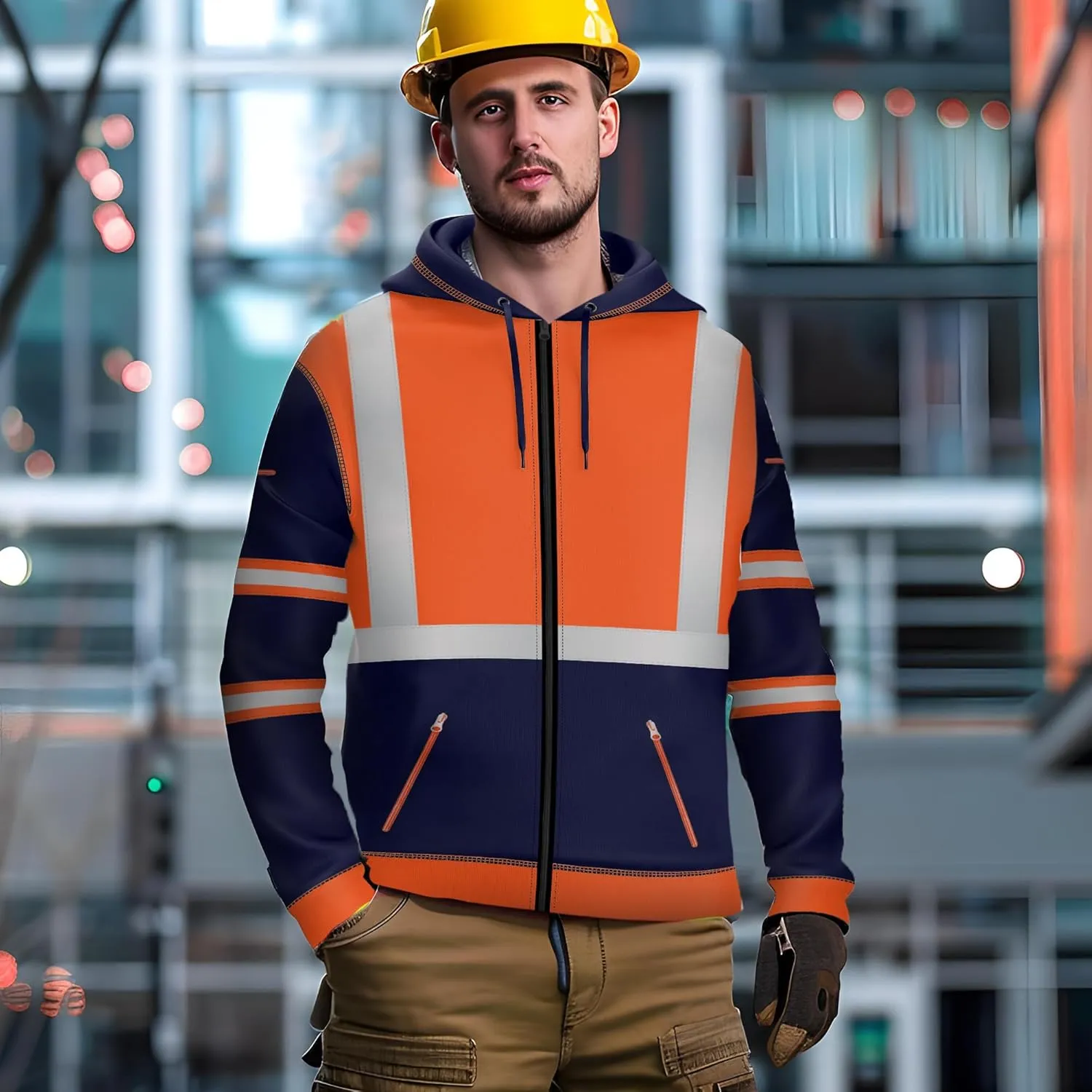 NOROZE Mens Hi-Viz Front Zip Hoodie Reflective Tape High Visibility Safety Coat Sweatshirt