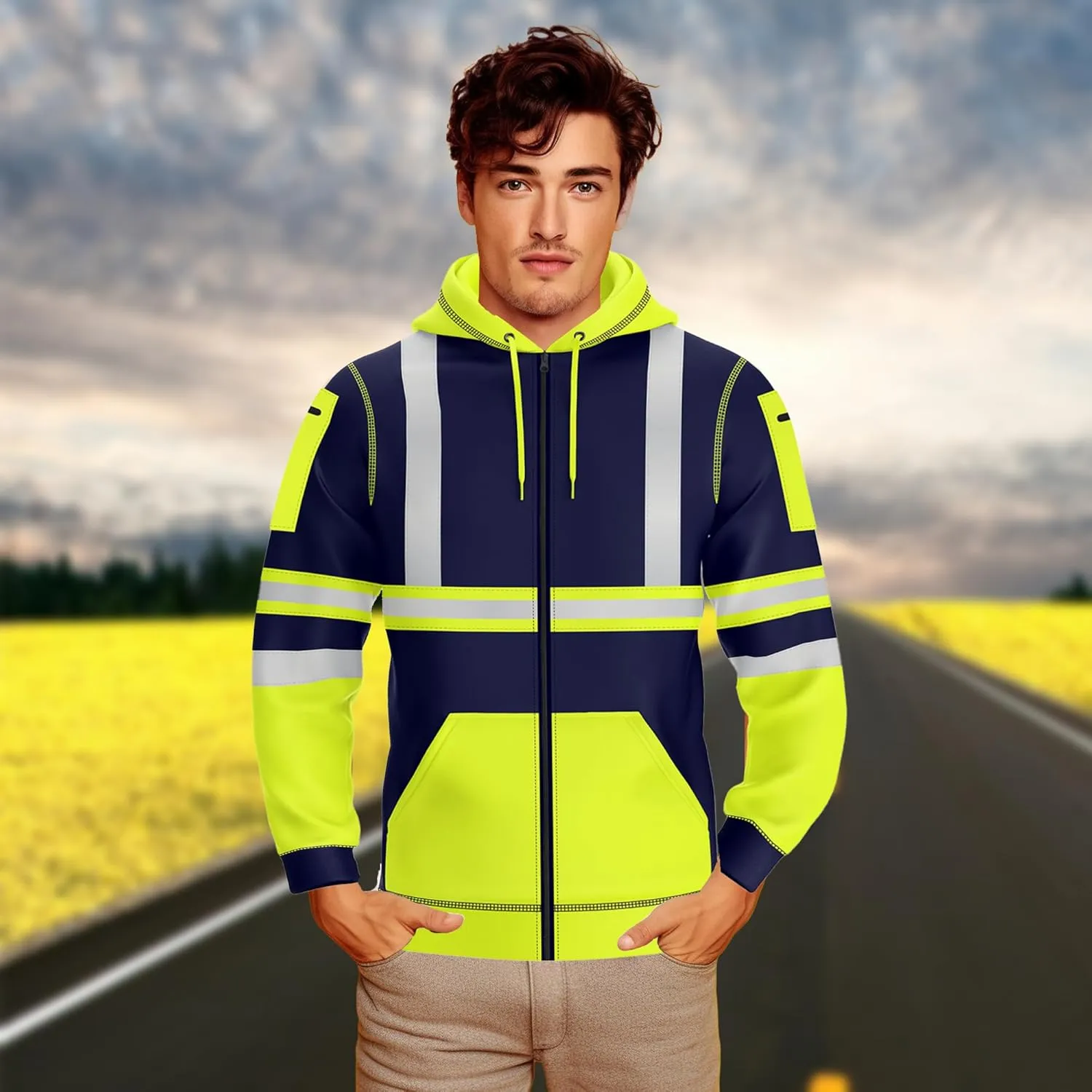NOROZE Mens Hi-Viz Front Zip Hoodie Reflective Tape High Visibility Safety Coat Sweatshirt