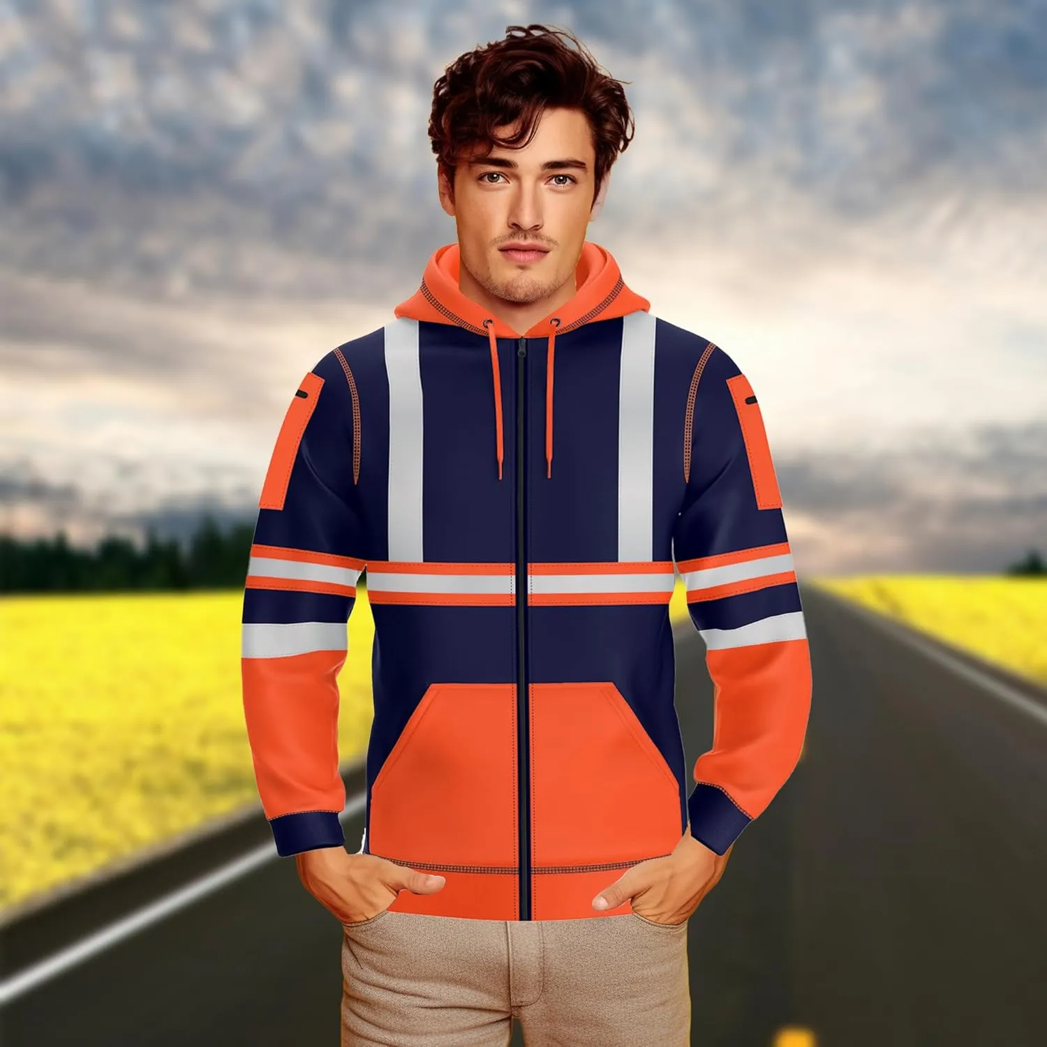 NOROZE Mens Hi-Viz Front Zip Hoodie Reflective Tape High Visibility Safety Coat Sweatshirt