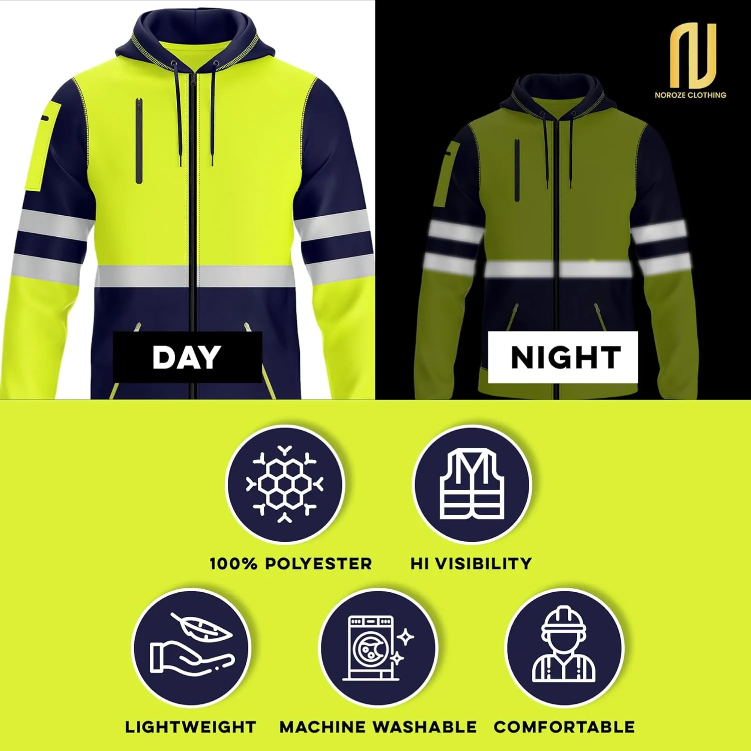 NOROZE Mens Hi-Viz Front Zip Hoodie Reflective Tape High Visibility Safety Coat Sweatshirt