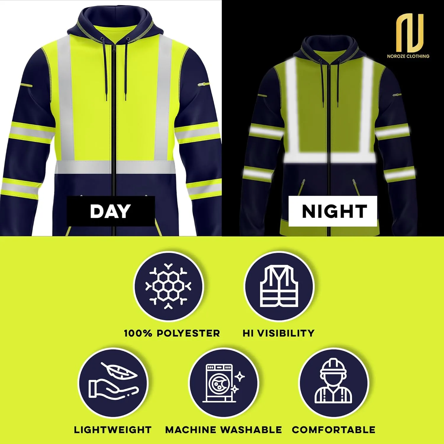 NOROZE Mens Hi-Viz Front Zip Hoodie Reflective Tape High Visibility Safety Coat Sweatshirt