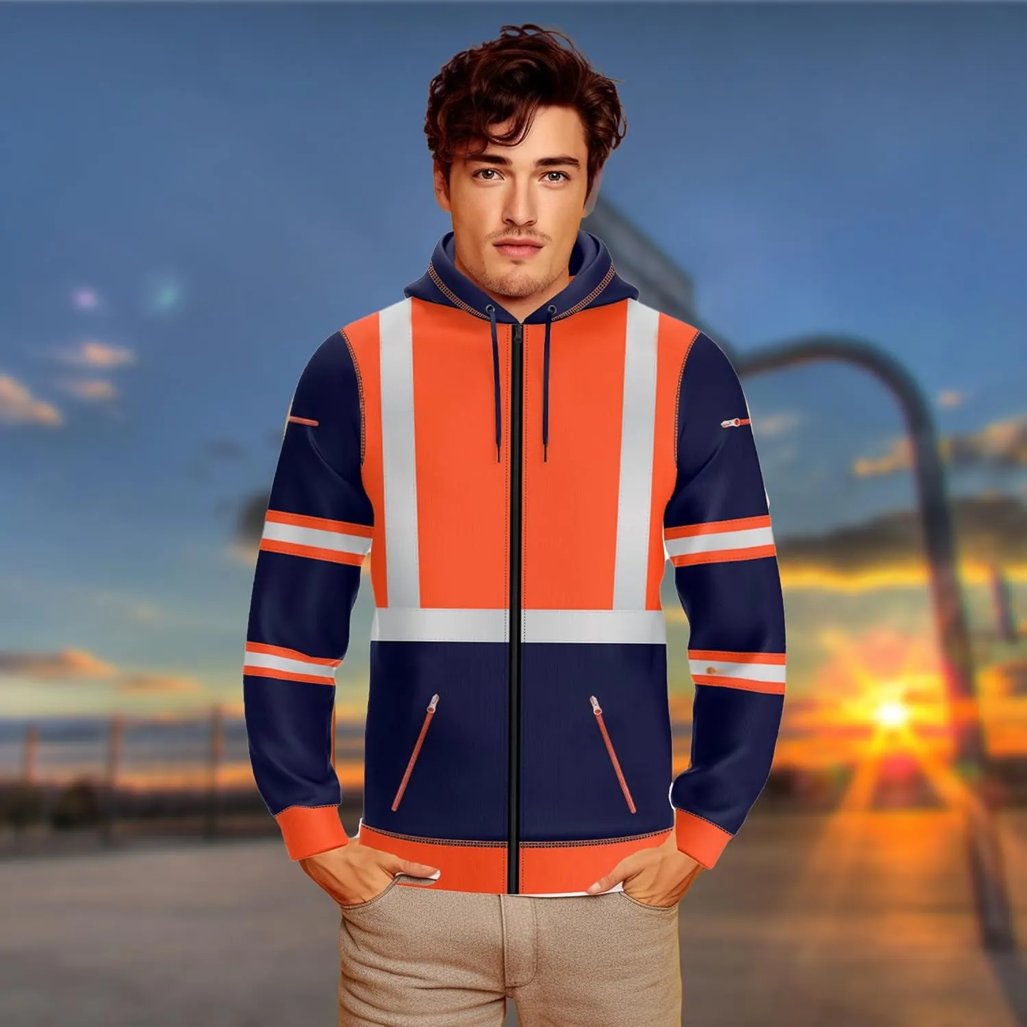 NOROZE Mens Hi-Viz Front Zip Hoodie Reflective Tape High Visibility Safety Coat Sweatshirt