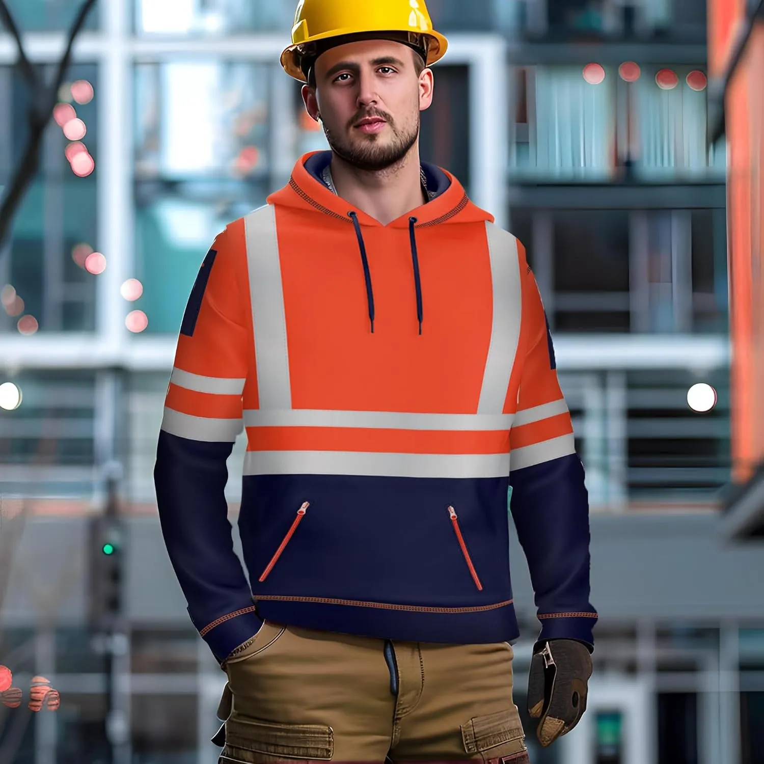 NOROZE Mens Hi-Viz Pullover Hoodie Grey Reflective Tape High Visibility Safety Coat Sweatshirt
