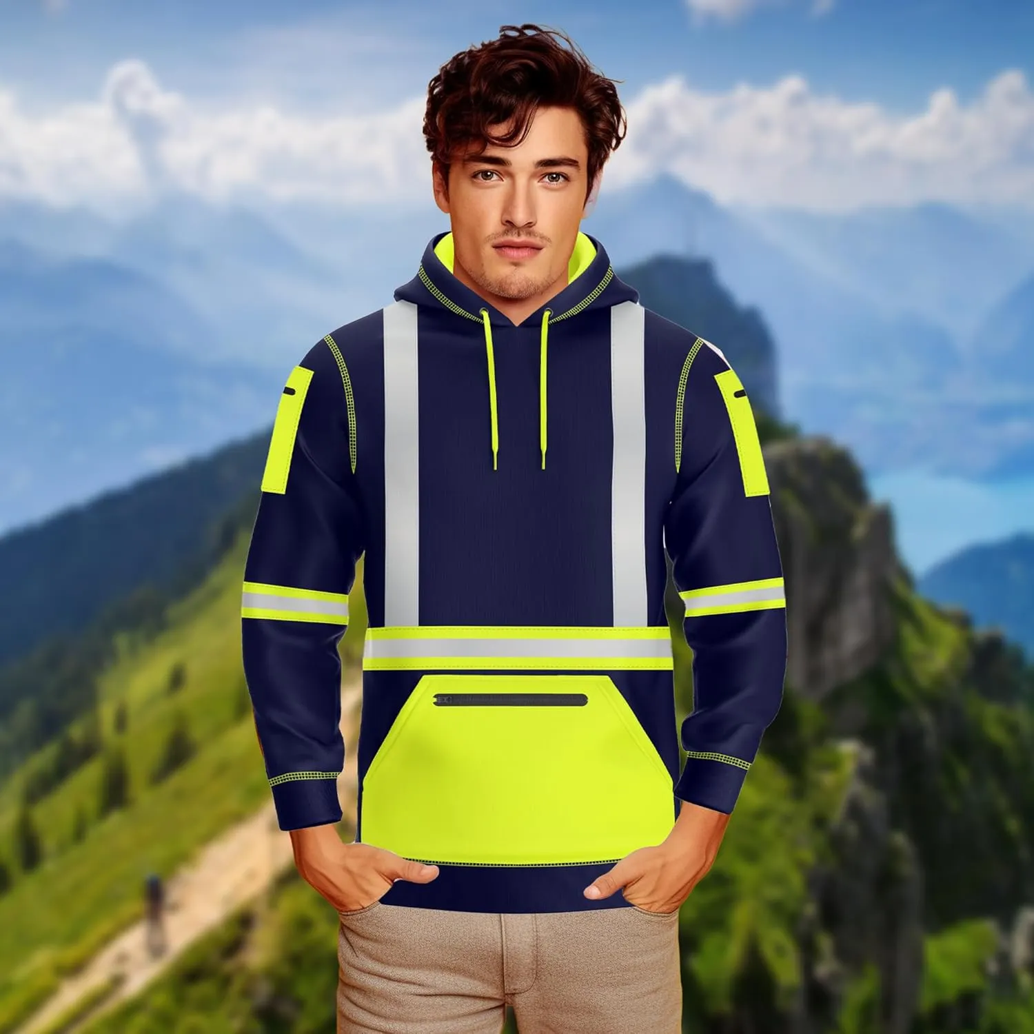 NOROZE Mens Hi-Viz Pullover Hoodie Grey Reflective Tape High Visibility Safety Coat Sweatshirt