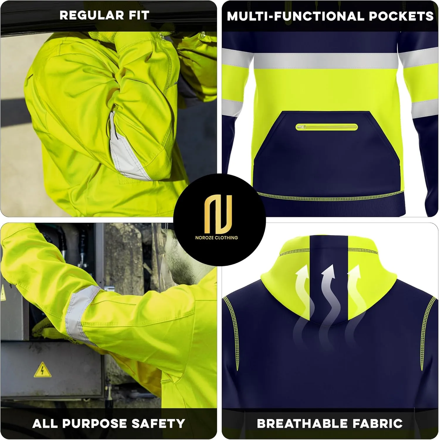 NOROZE Mens Hi-Viz Pullover Hoodie Grey Reflective Tape High Visibility Safety Coat Sweatshirt