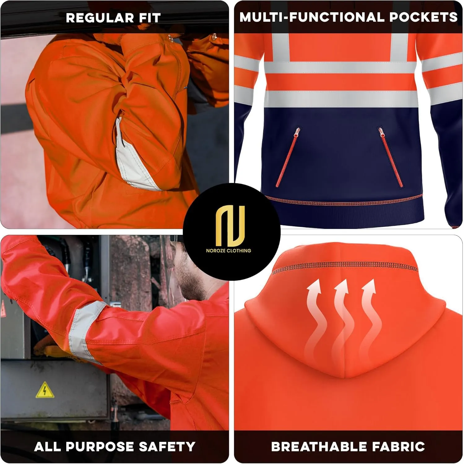 NOROZE Mens Hi-Viz Pullover Hoodie Grey Reflective Tape High Visibility Safety Coat Sweatshirt