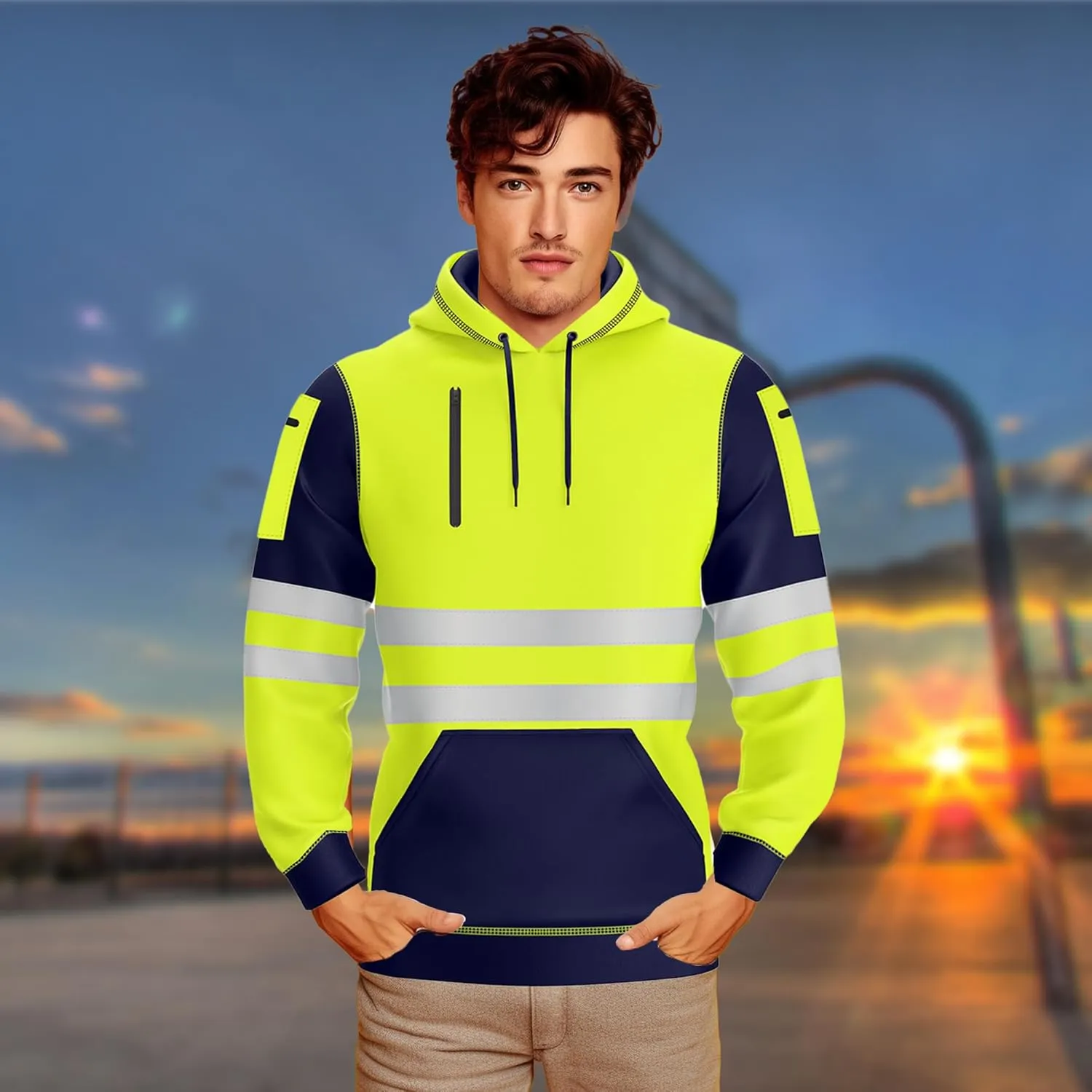 NOROZE Mens Hi-Viz Pullover Hoodie Grey Reflective Tape High Visibility Safety Coat Sweatshirt
