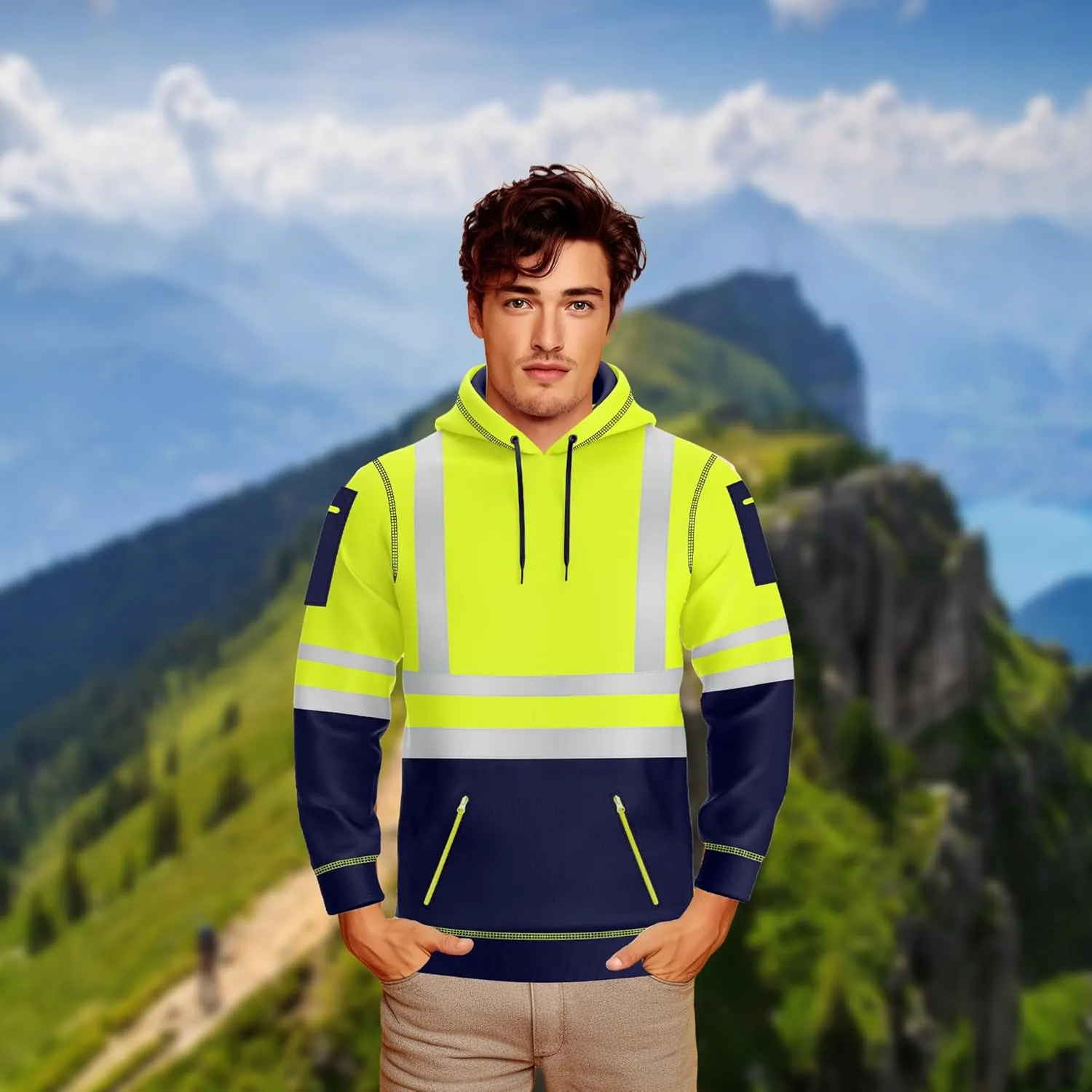 NOROZE Mens Hi-Viz Pullover Hoodie Grey Reflective Tape High Visibility Safety Coat Sweatshirt