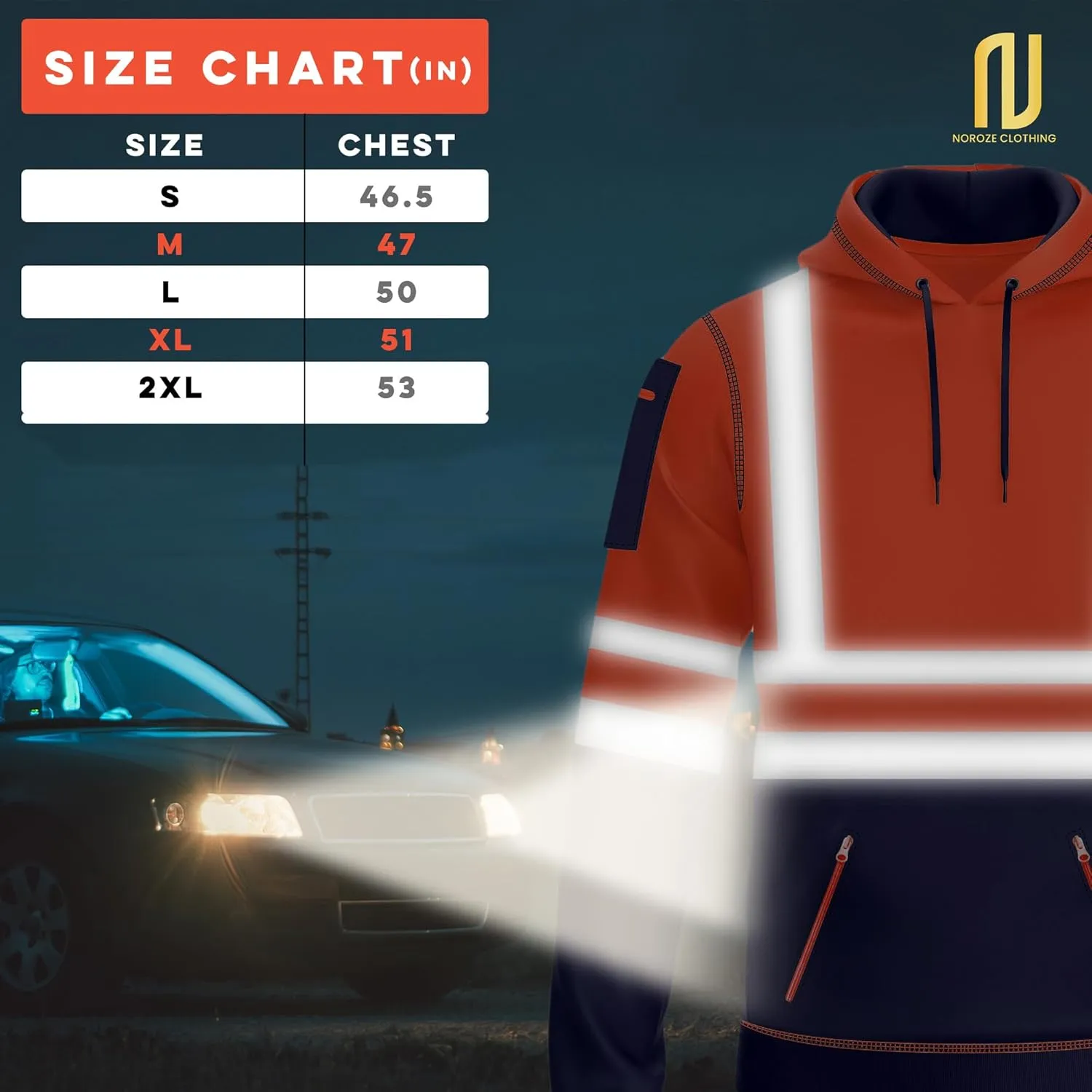 NOROZE Mens Hi-Viz Pullover Hoodie Grey Reflective Tape High Visibility Safety Coat Sweatshirt