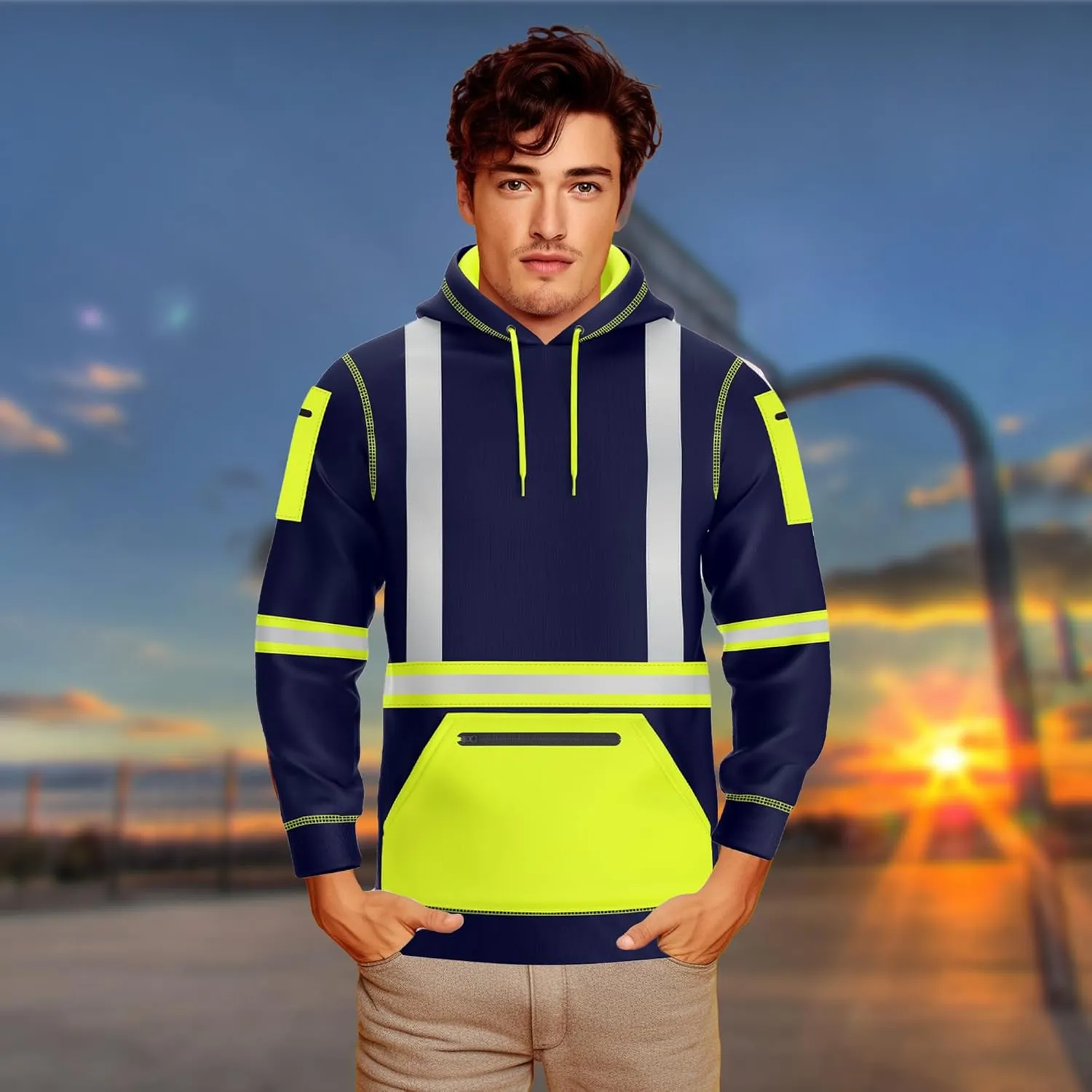 NOROZE Mens Hi-Viz Pullover Hoodie Grey Reflective Tape High Visibility Safety Coat Sweatshirt