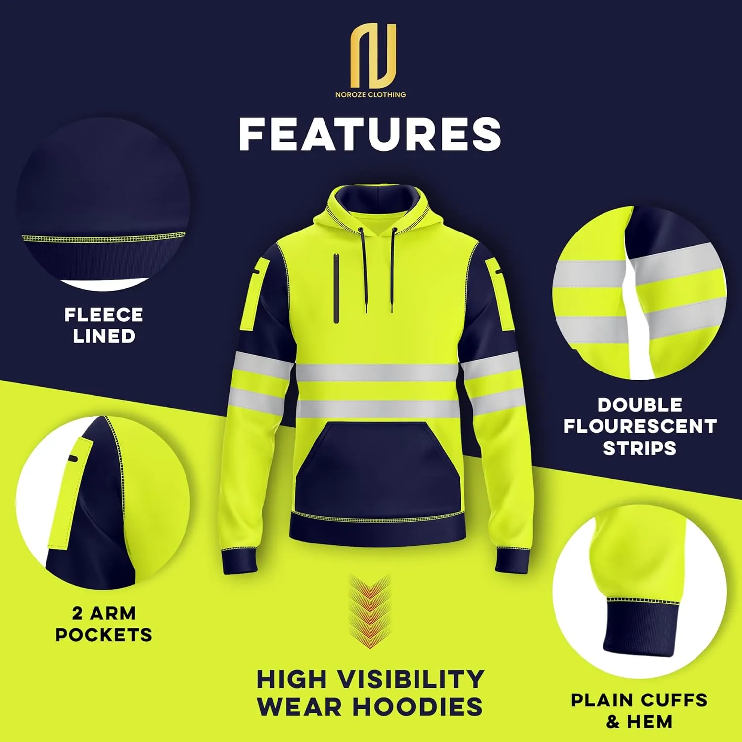 NOROZE Mens Hi-Viz Pullover Hoodie Grey Reflective Tape High Visibility Safety Coat Sweatshirt