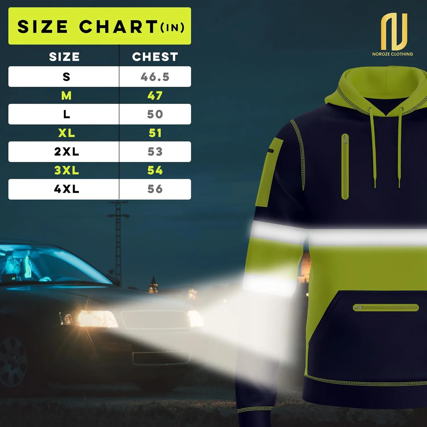 NOROZE Mens Hi-Viz Pullover Hoodie Grey Reflective Tape High Visibility Safety Coat Sweatshirt