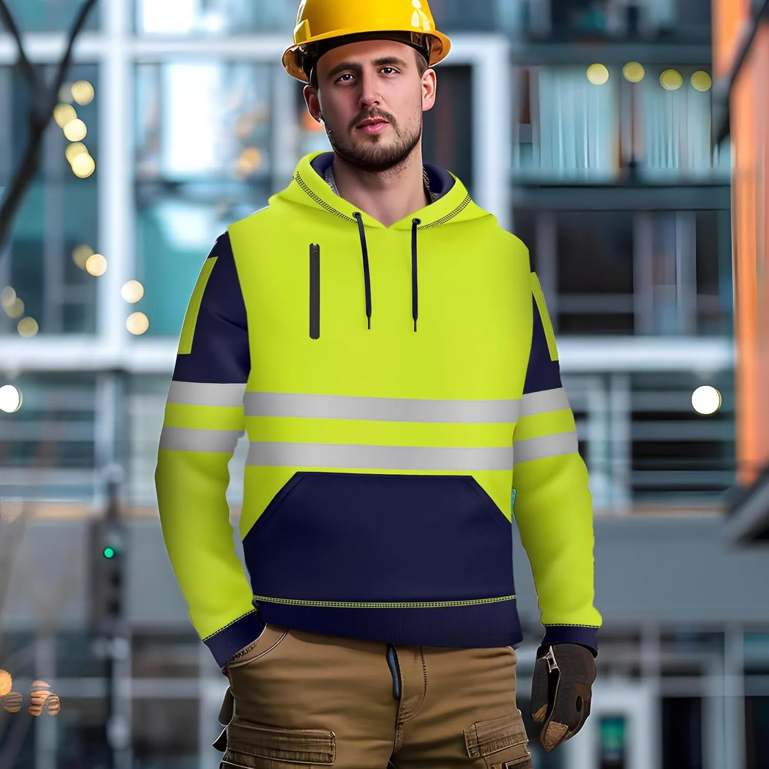 NOROZE Mens Hi-Viz Pullover Hoodie Grey Reflective Tape High Visibility Safety Coat Sweatshirt