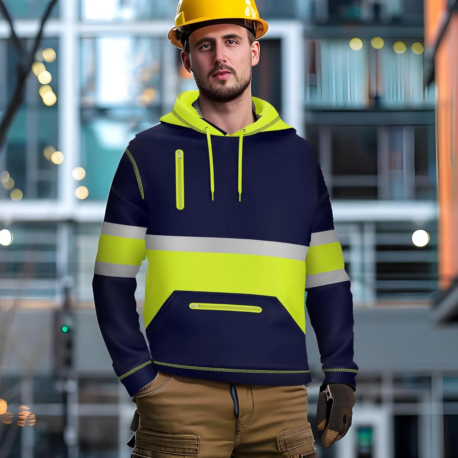 NOROZE Mens Hi-Viz Pullover Hoodie Grey Reflective Tape High Visibility Safety Coat Sweatshirt