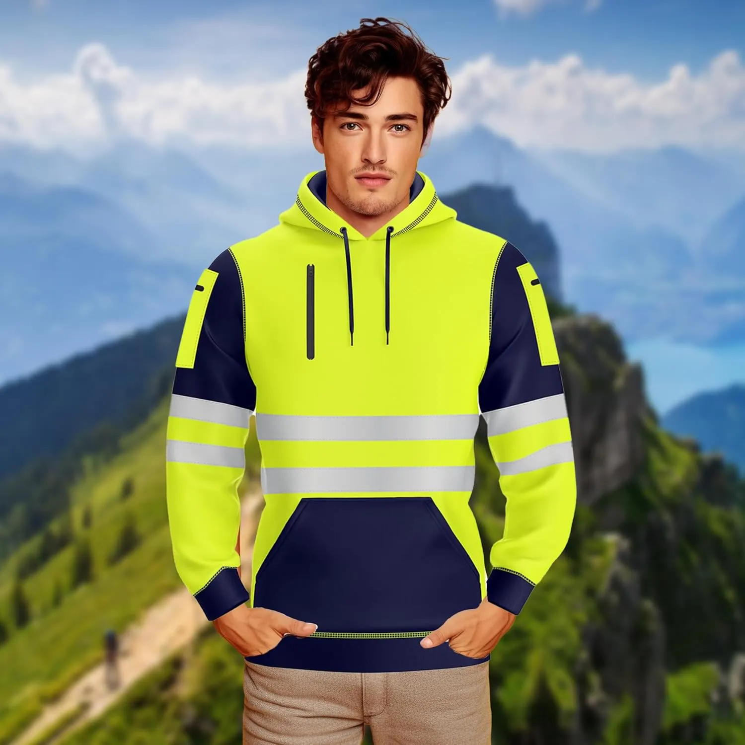 NOROZE Mens Hi-Viz Pullover Hoodie Grey Reflective Tape High Visibility Safety Coat Sweatshirt
