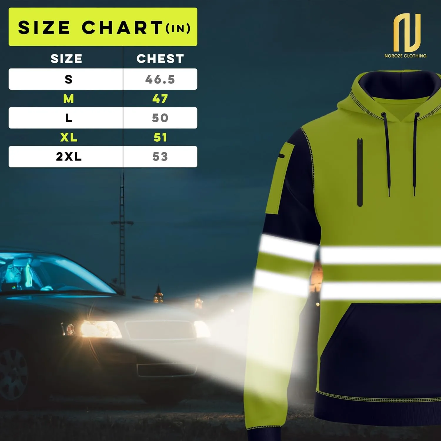 NOROZE Mens Hi-Viz Pullover Hoodie Grey Reflective Tape High Visibility Safety Coat Sweatshirt