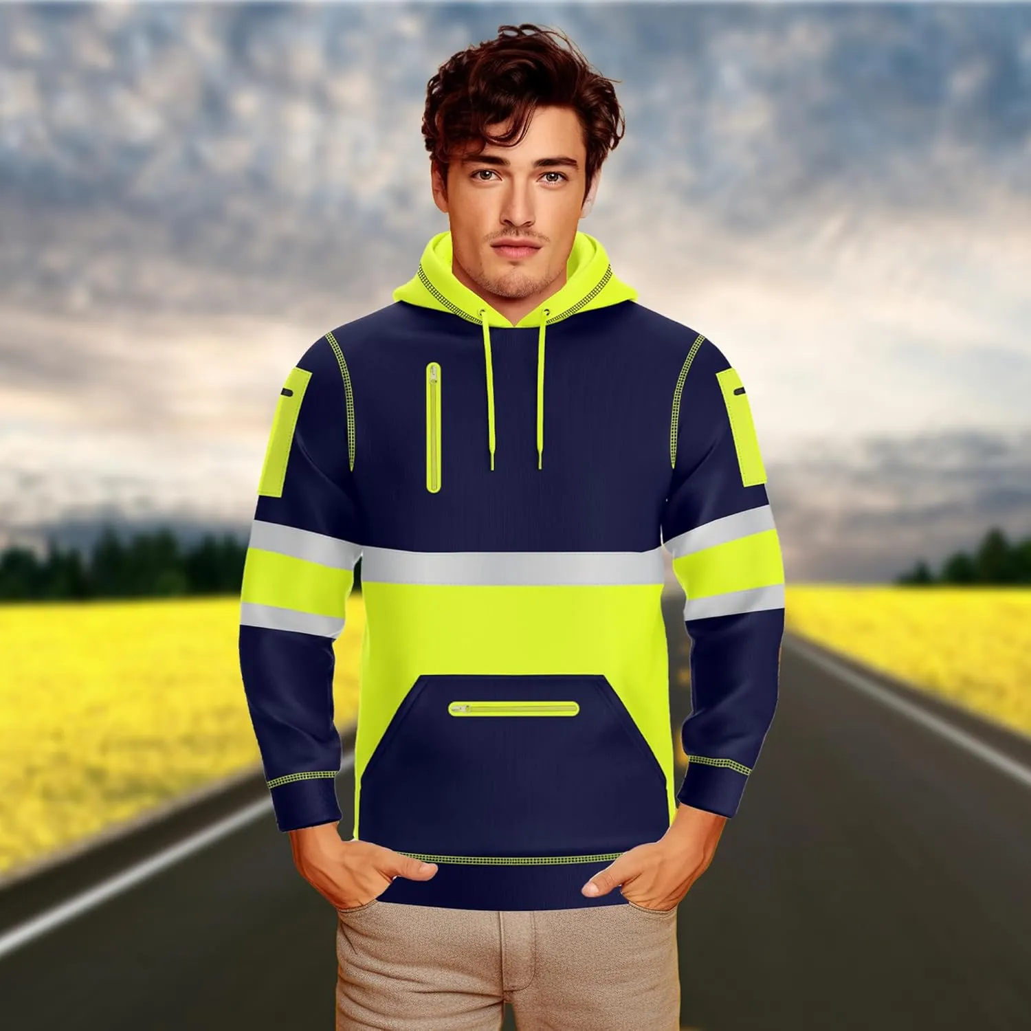 NOROZE Mens Hi-Viz Pullover Hoodie Grey Reflective Tape High Visibility Safety Coat Sweatshirt