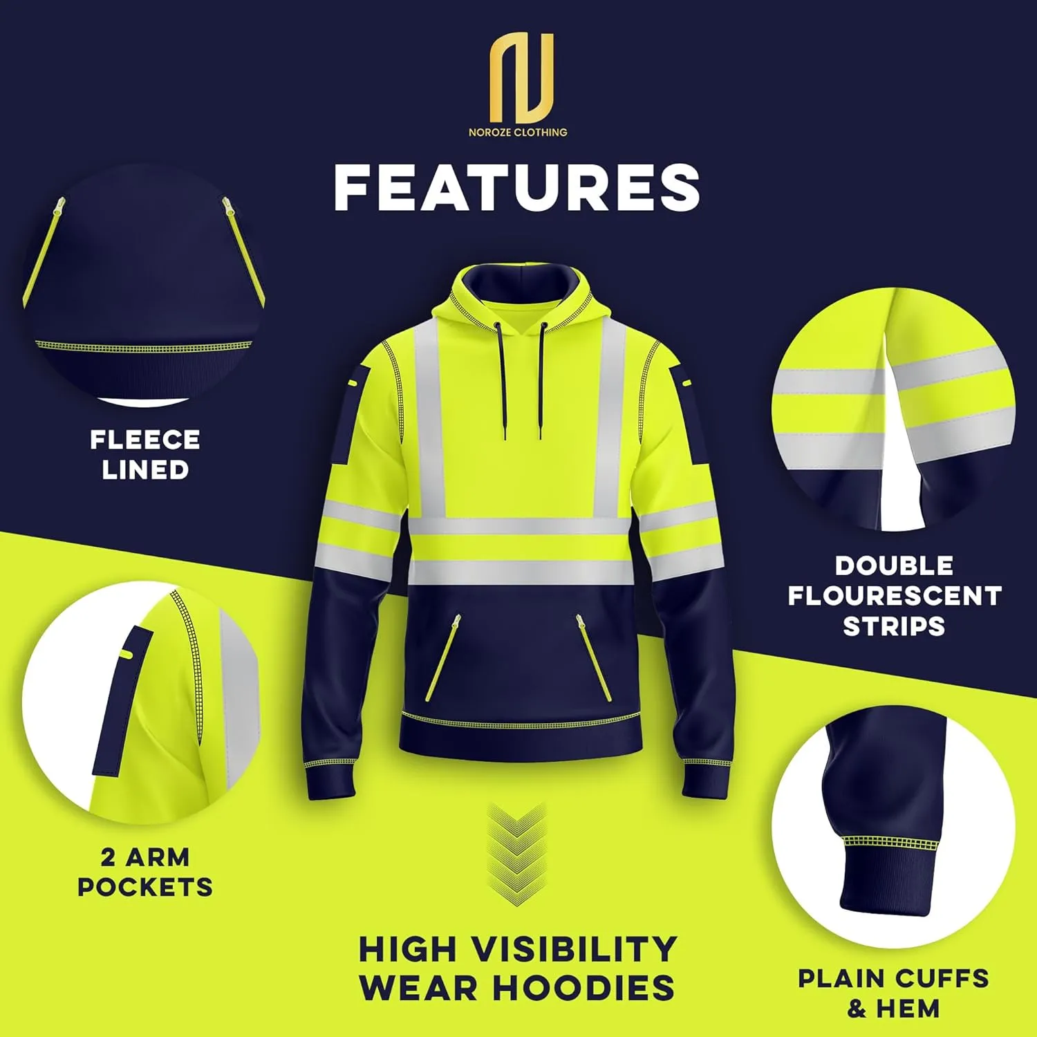 NOROZE Mens Hi-Viz Pullover Hoodie Grey Reflective Tape High Visibility Safety Coat Sweatshirt