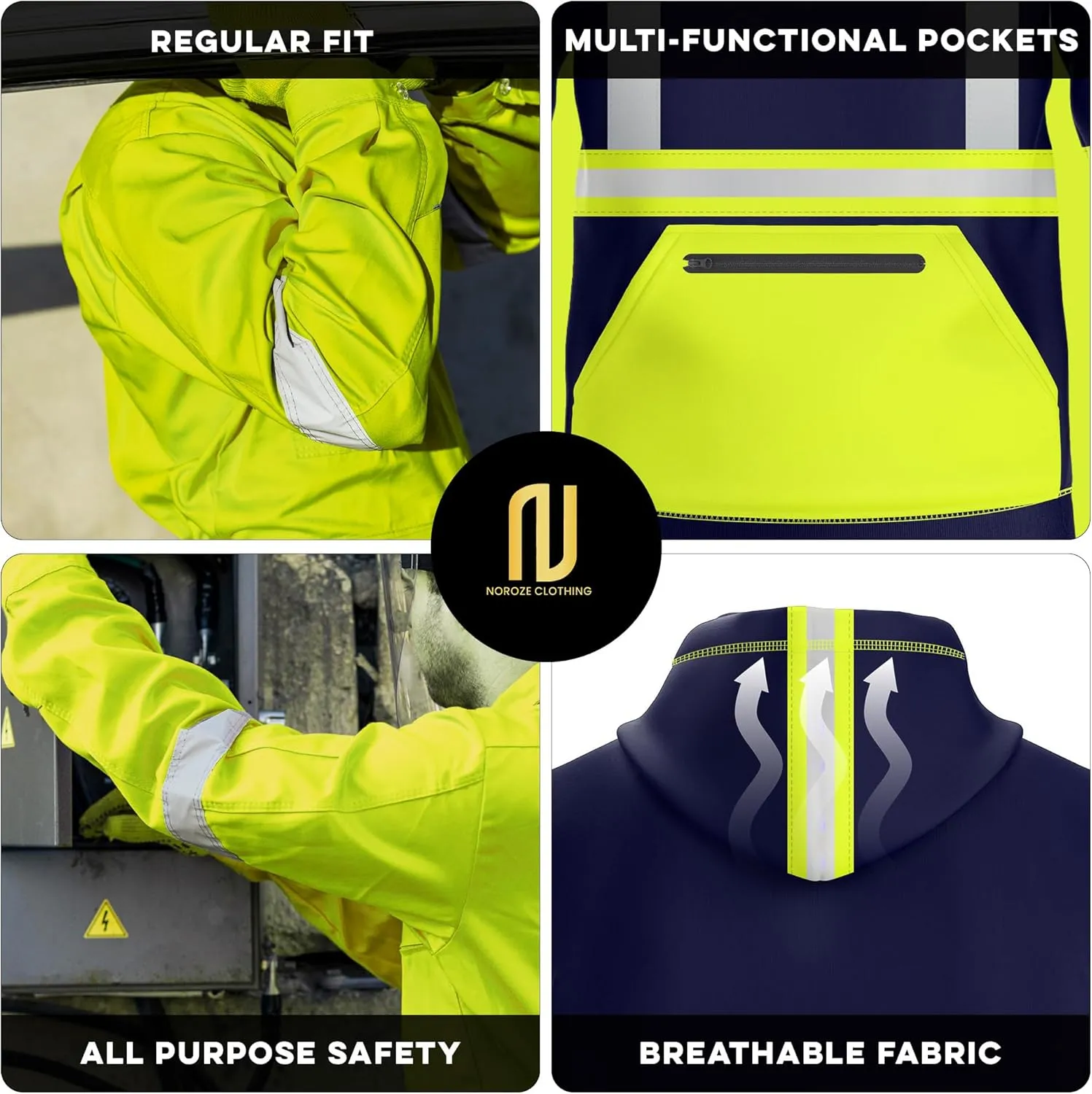 NOROZE Mens Hi-Viz Pullover Hoodie Grey Reflective Tape High Visibility Safety Coat Sweatshirt