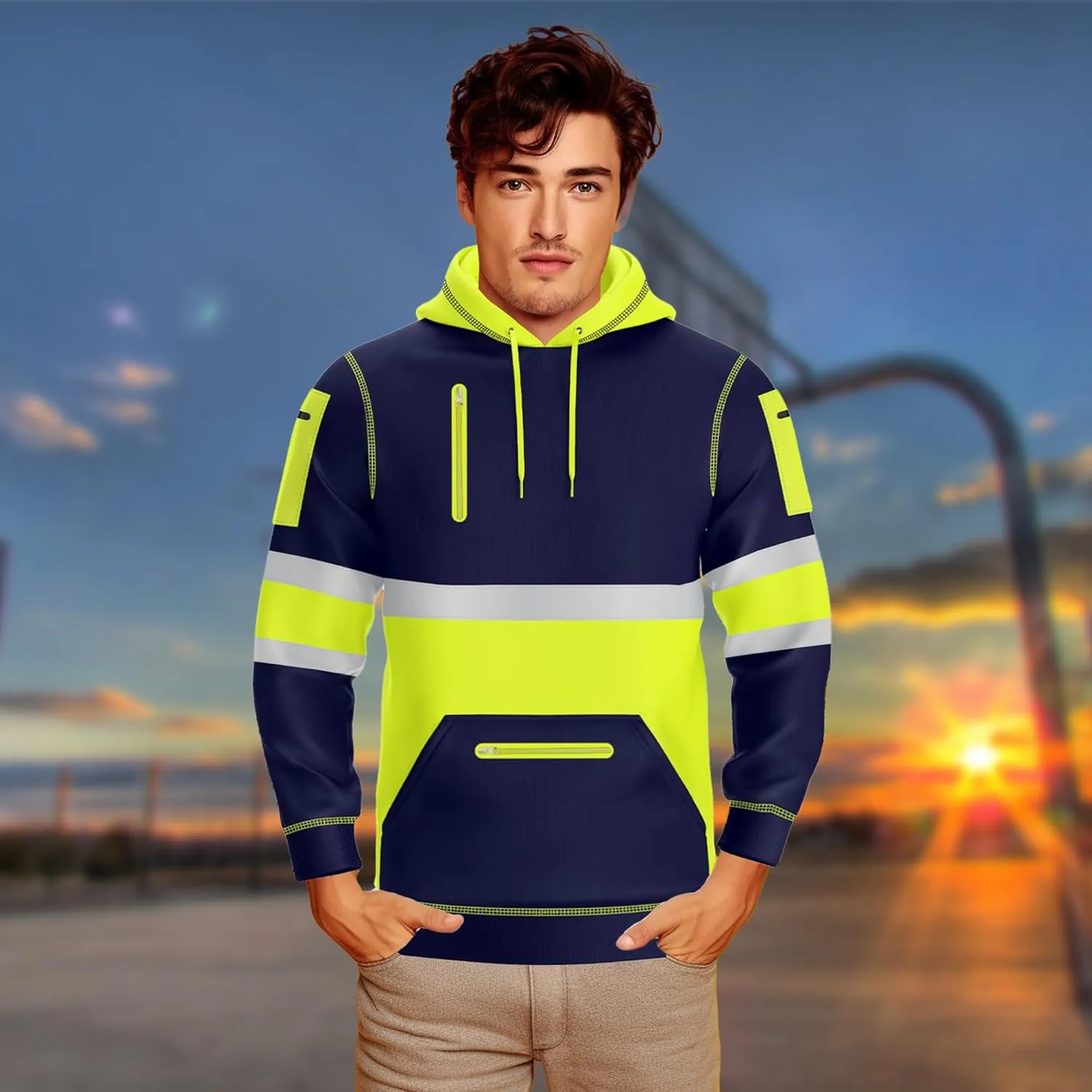 NOROZE Mens Hi-Viz Pullover Hoodie Grey Reflective Tape High Visibility Safety Coat Sweatshirt