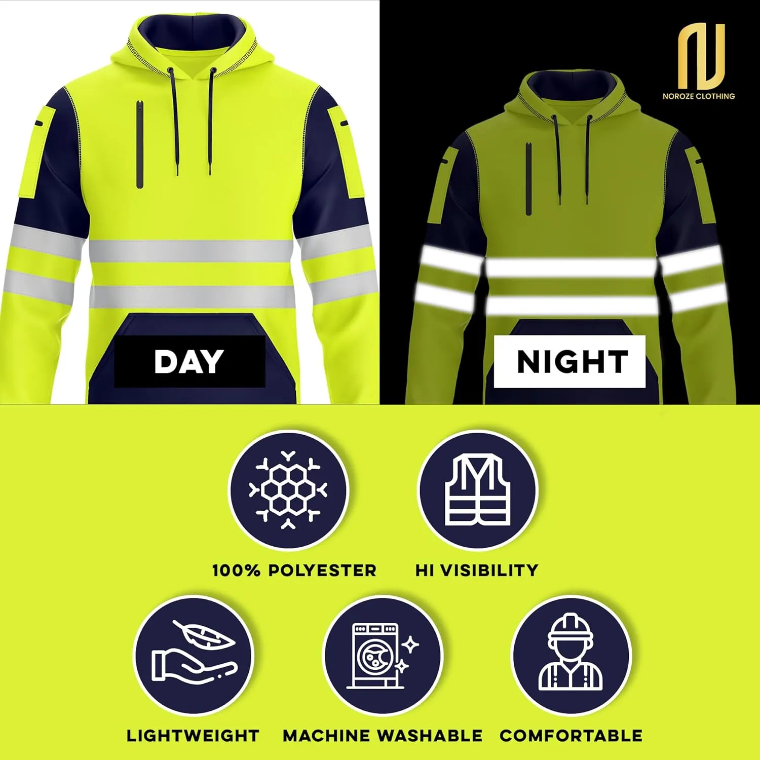 NOROZE Mens Hi-Viz Pullover Hoodie Grey Reflective Tape High Visibility Safety Coat Sweatshirt