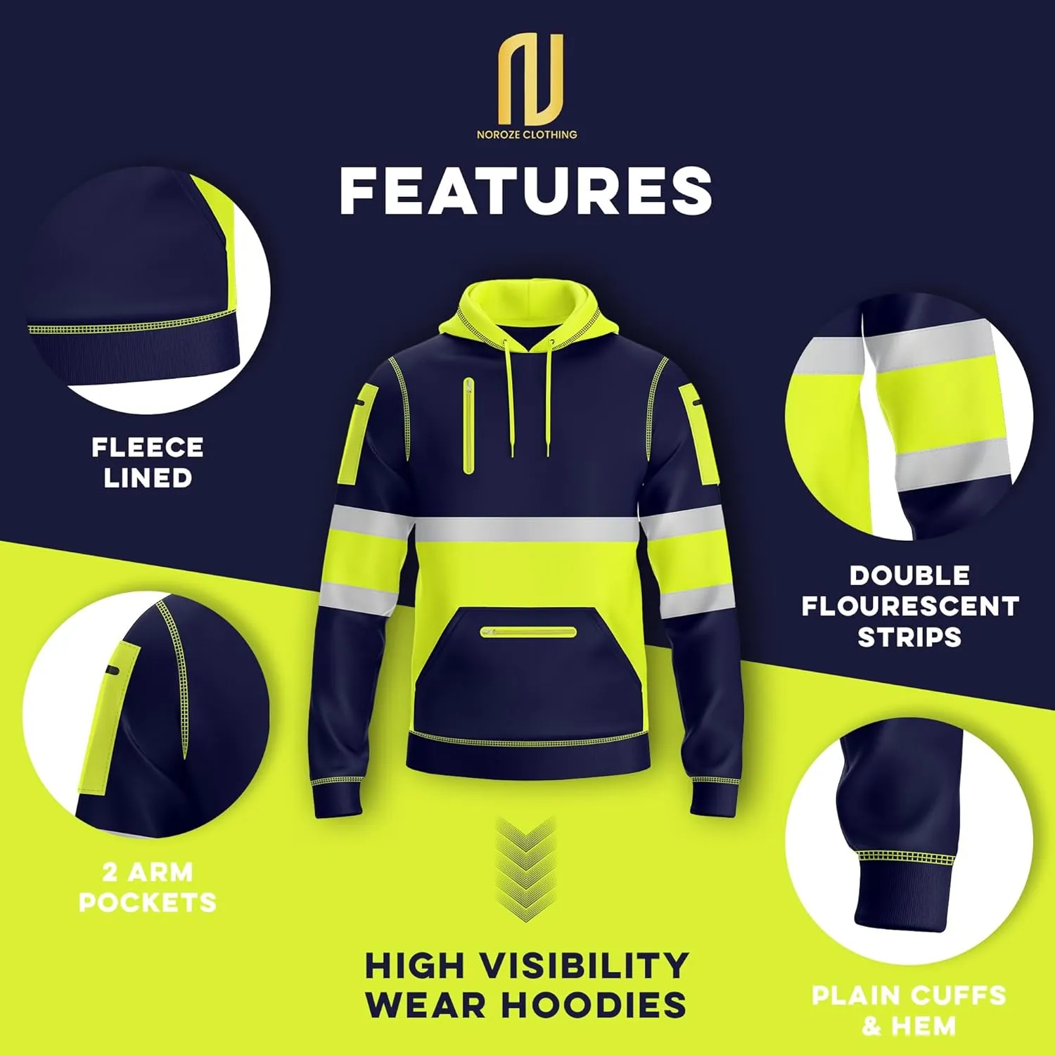 NOROZE Mens Hi-Viz Pullover Hoodie Grey Reflective Tape High Visibility Safety Coat Sweatshirt