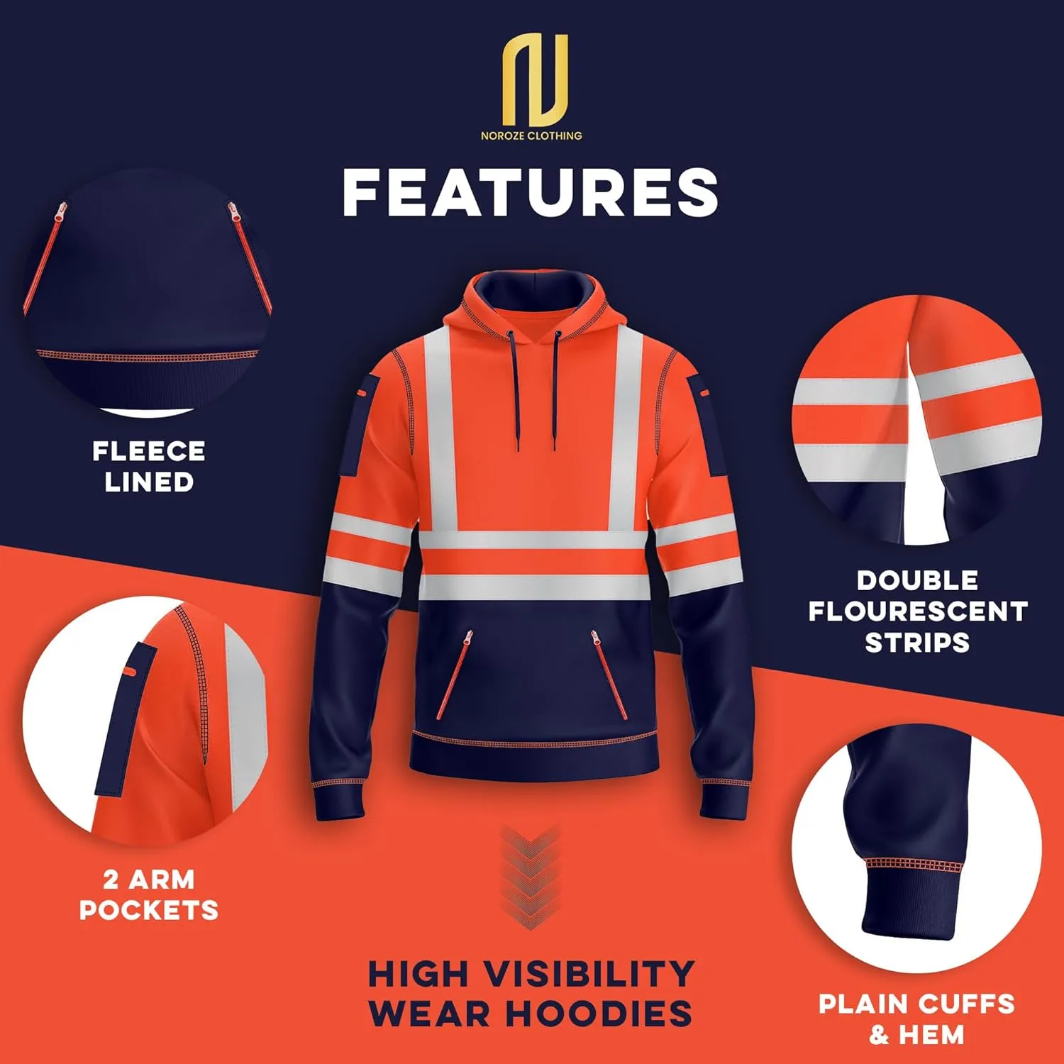 NOROZE Mens Hi-Viz Pullover Hoodie Grey Reflective Tape High Visibility Safety Coat Sweatshirt