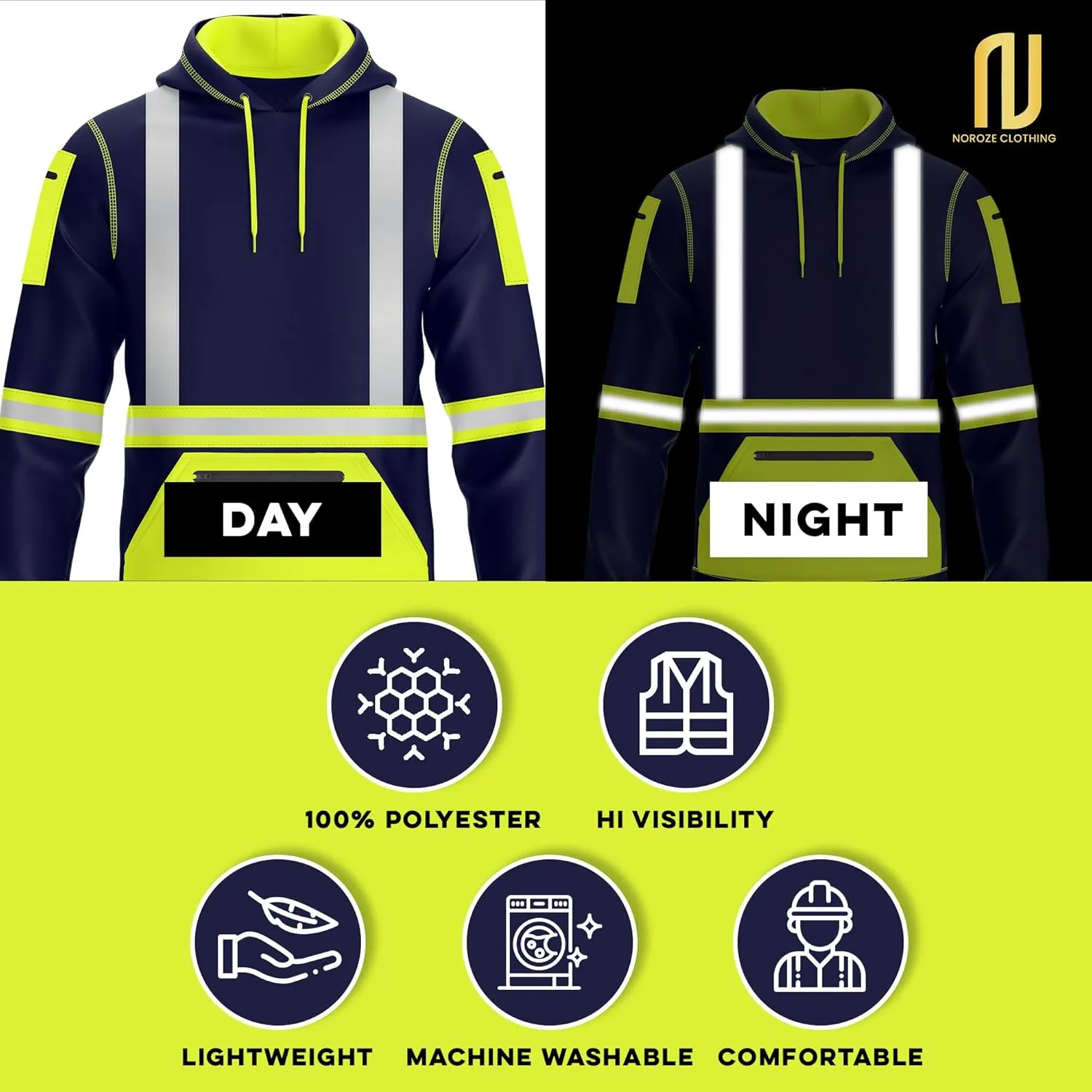 NOROZE Mens Hi-Viz Pullover Hoodie Grey Reflective Tape High Visibility Safety Coat Sweatshirt