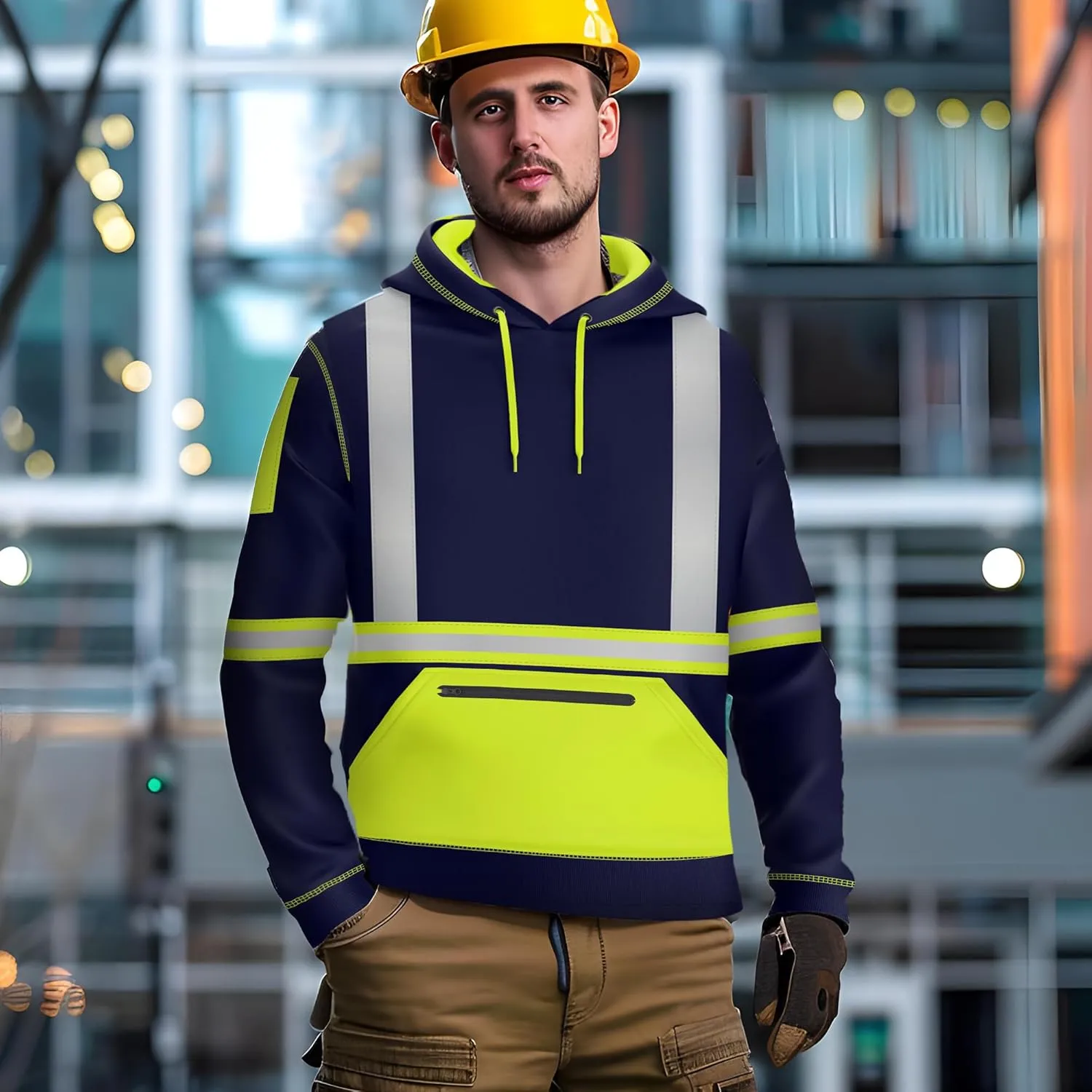 NOROZE Mens Hi-Viz Pullover Hoodie Grey Reflective Tape High Visibility Safety Coat Sweatshirt