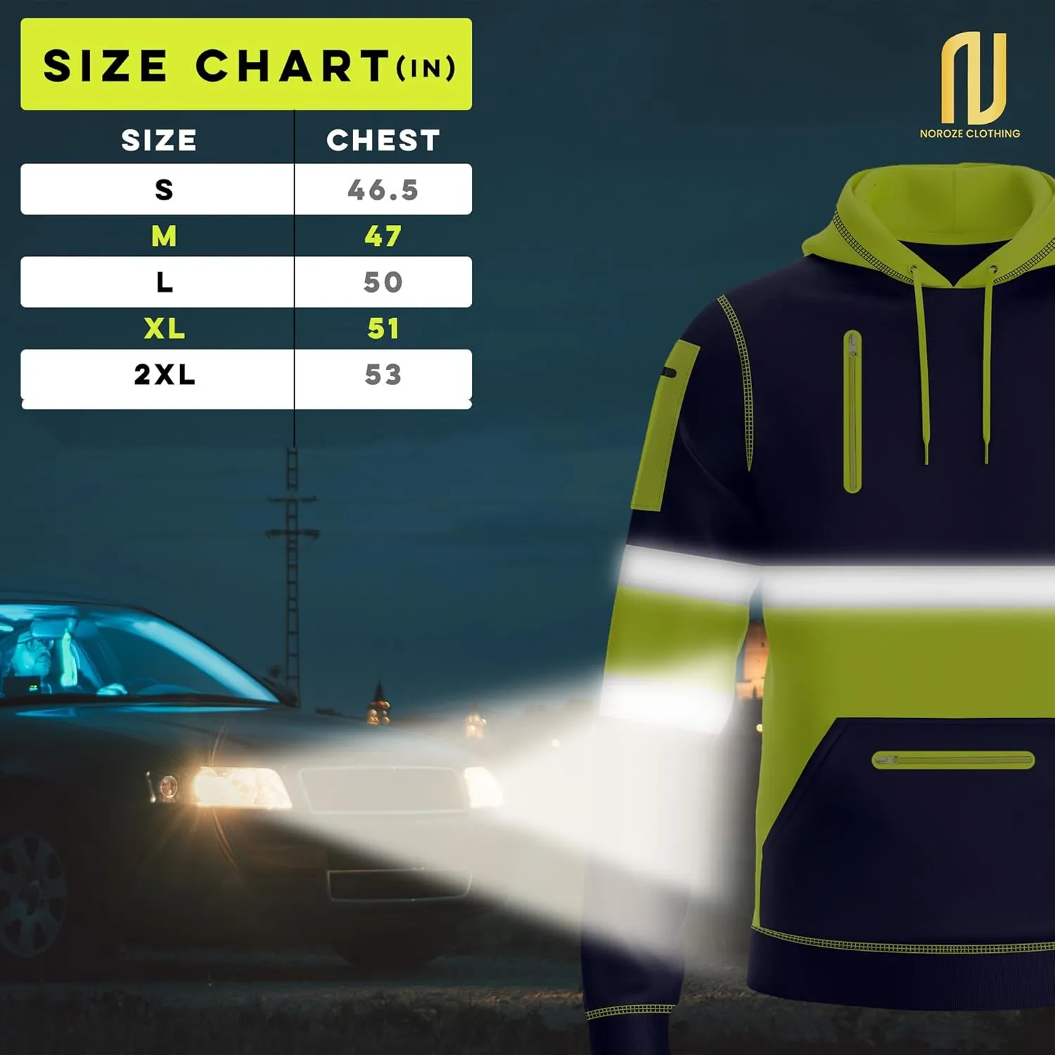 NOROZE Mens Hi-Viz Pullover Hoodie Grey Reflective Tape High Visibility Safety Coat Sweatshirt