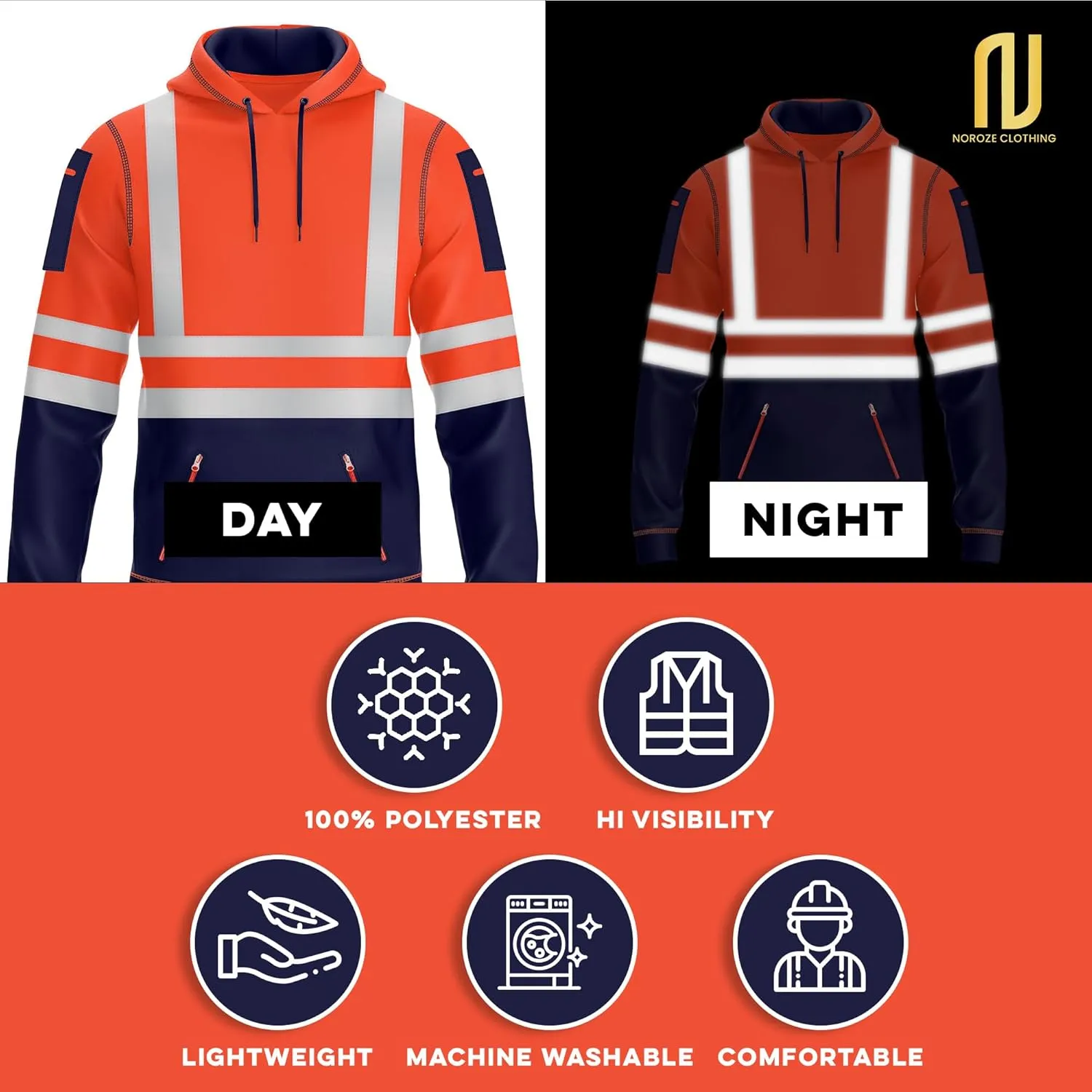 NOROZE Mens Hi-Viz Pullover Hoodie Grey Reflective Tape High Visibility Safety Coat Sweatshirt