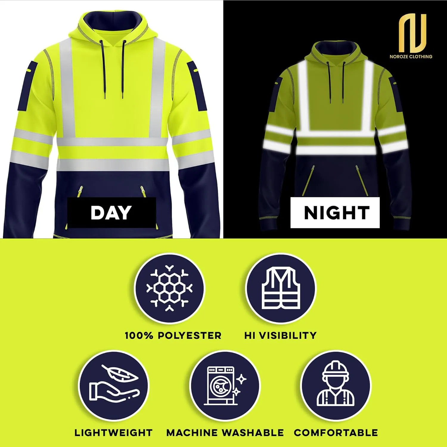 NOROZE Mens Hi-Viz Pullover Hoodie Grey Reflective Tape High Visibility Safety Coat Sweatshirt
