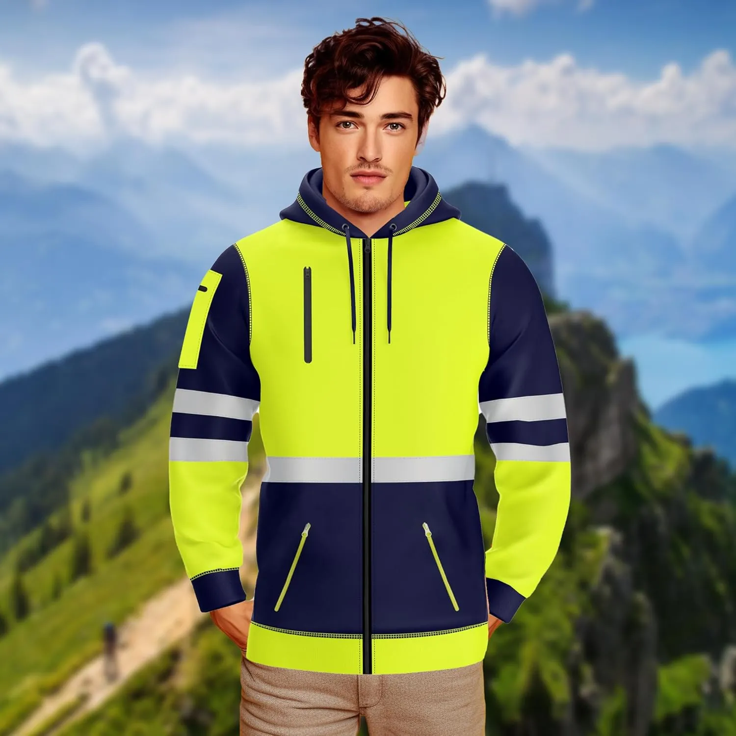 NOROZE Mens Hi-Viz Pullover Hoodie Grey Reflective Tape High Visibility Safety Coat Sweatshirt